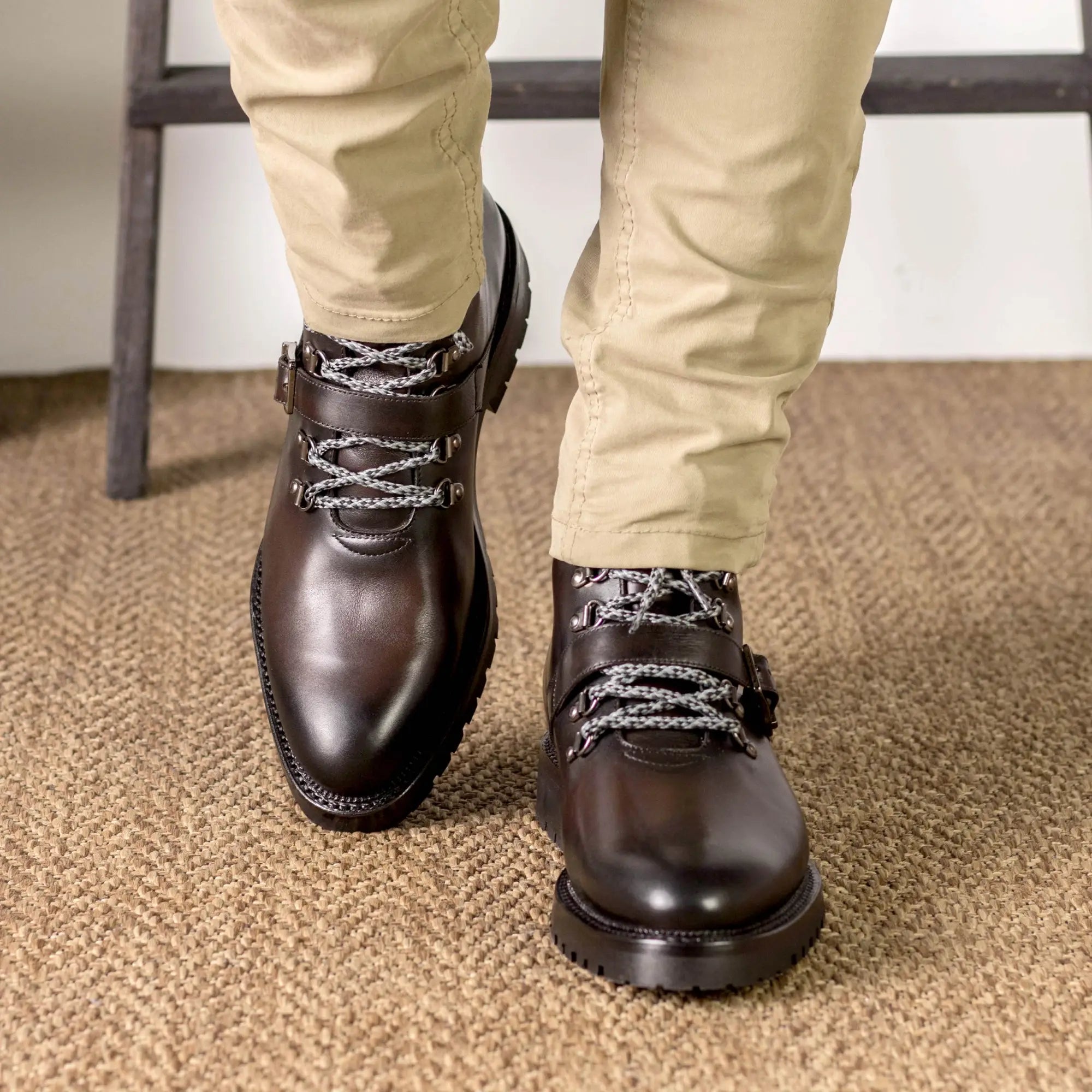 Brown leather hiking boots.