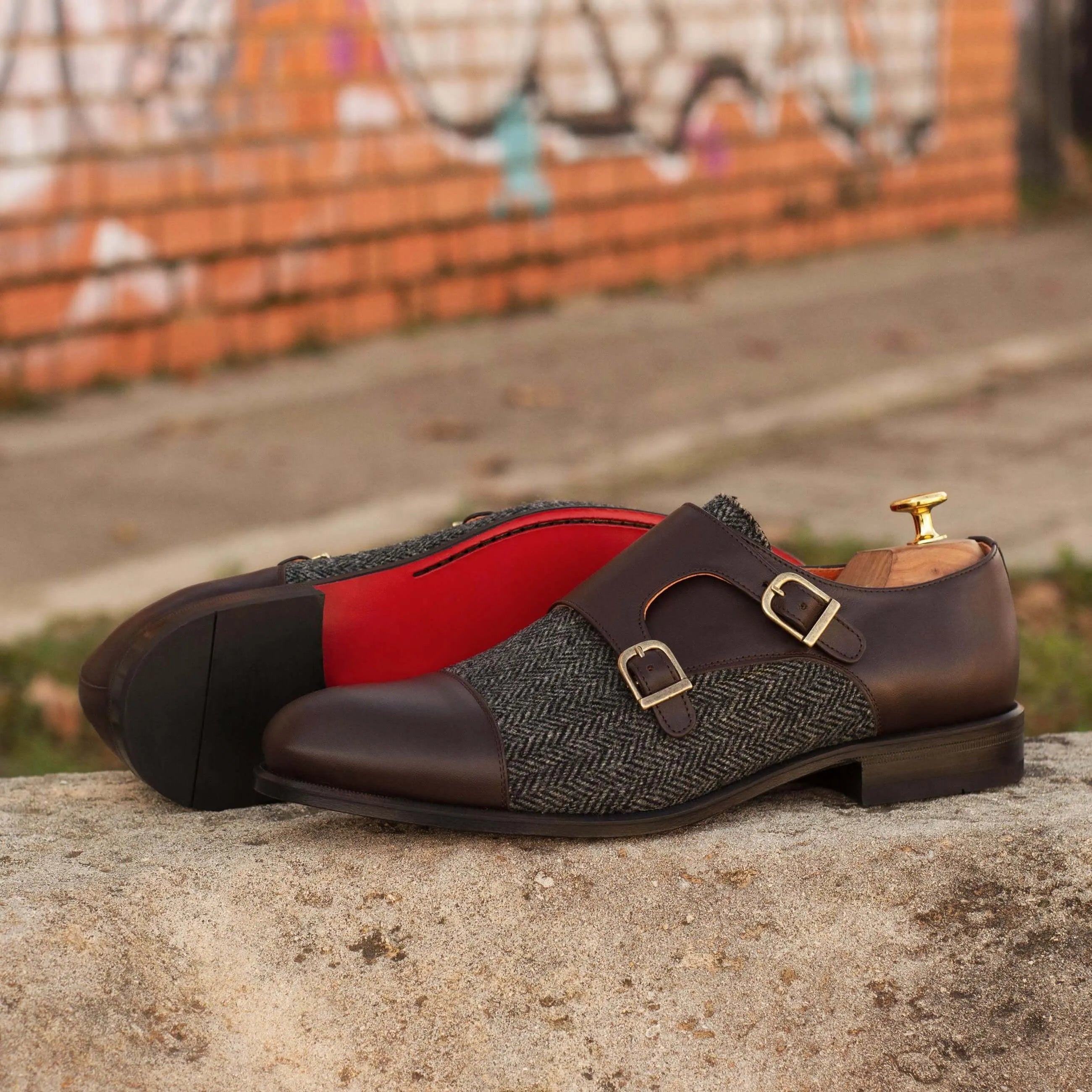 Achak double monk brown leather tweed shoes back view