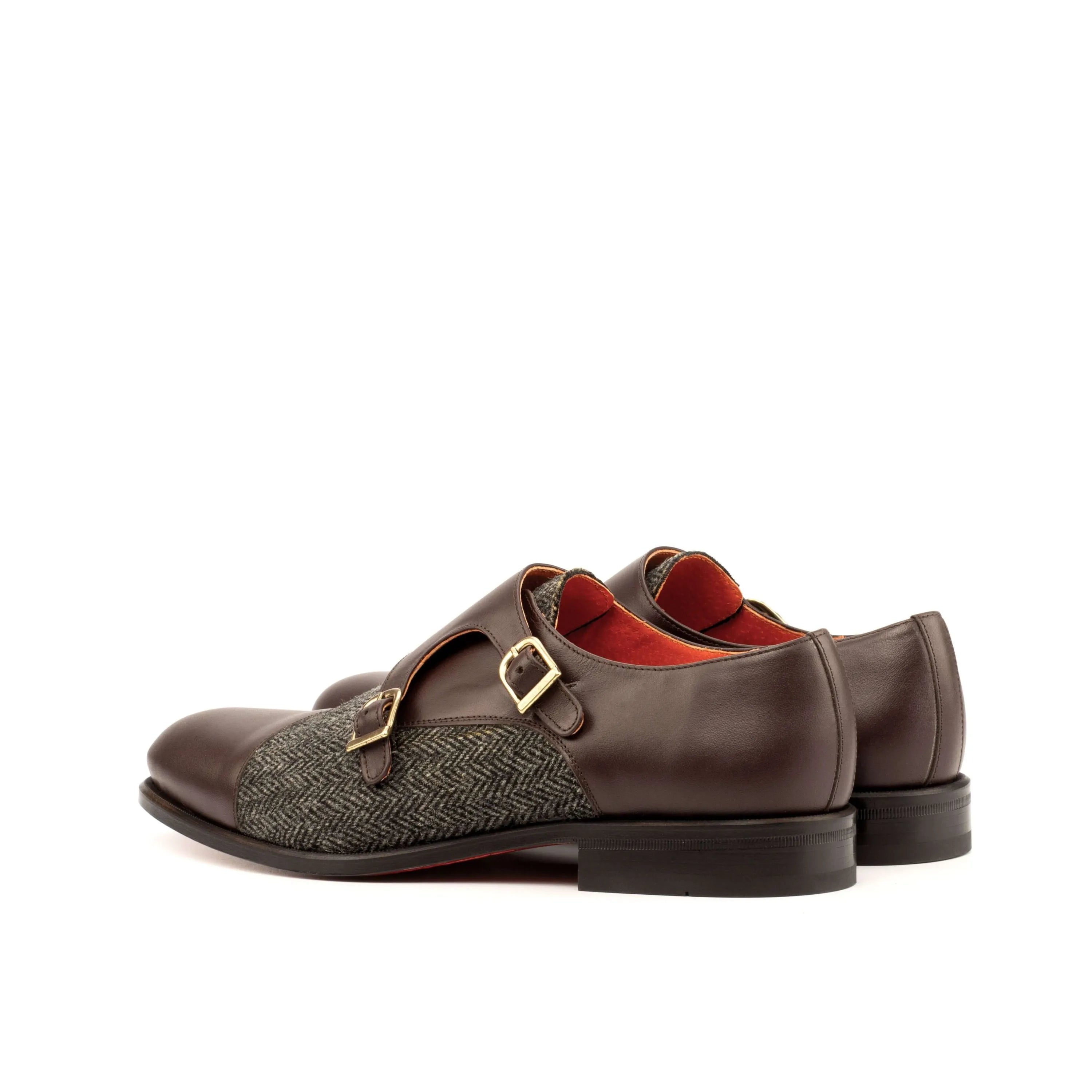 Achak double monk brown leather and tweed shoes