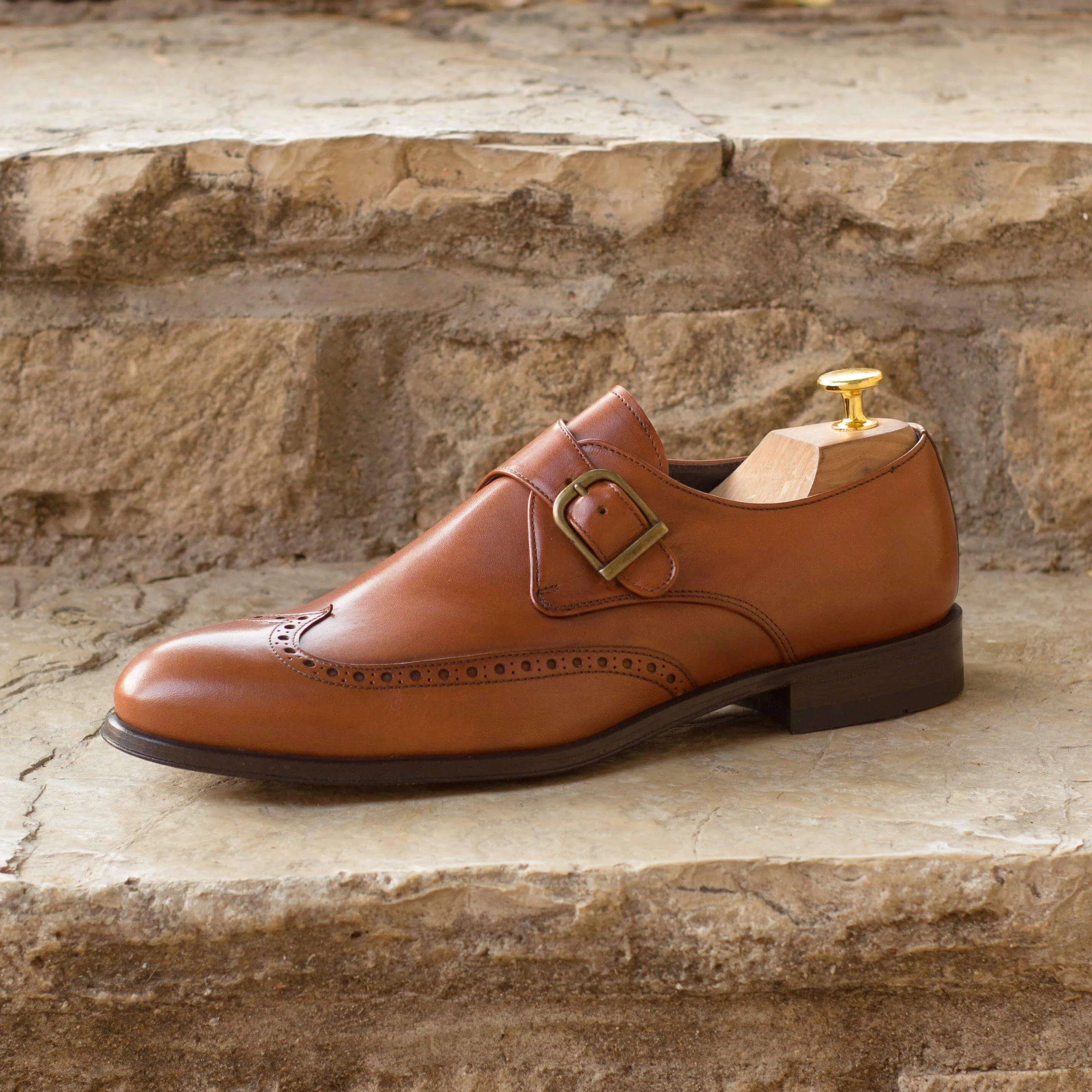 Brown leather Alo Single Monk Shoes II with rounded toe