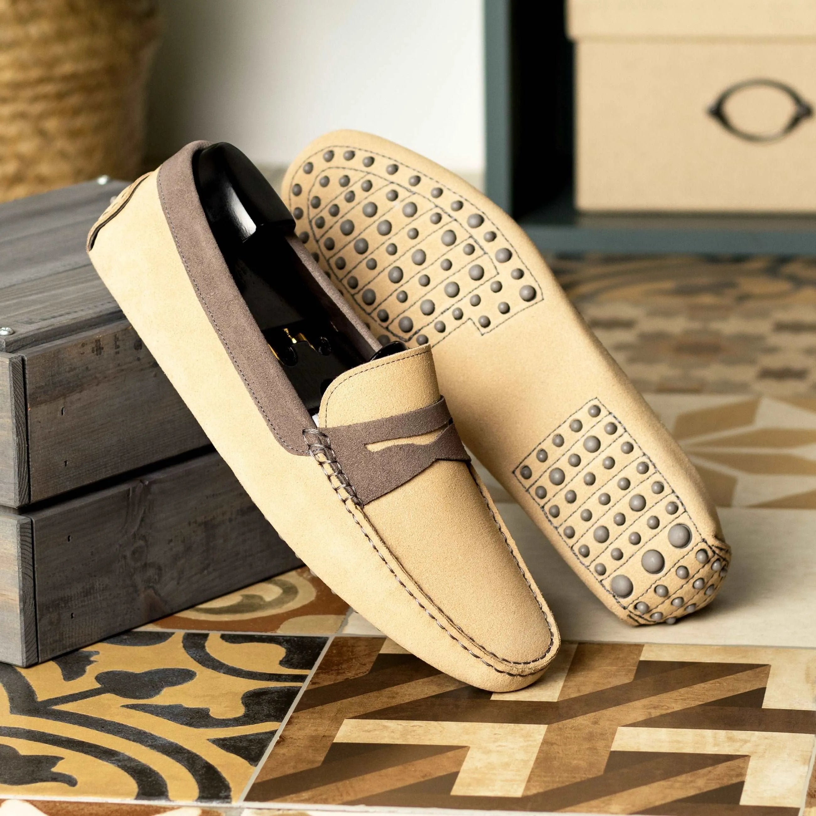 Anthony Driver beige leather driving loafers, luxury bespoke shoes for men