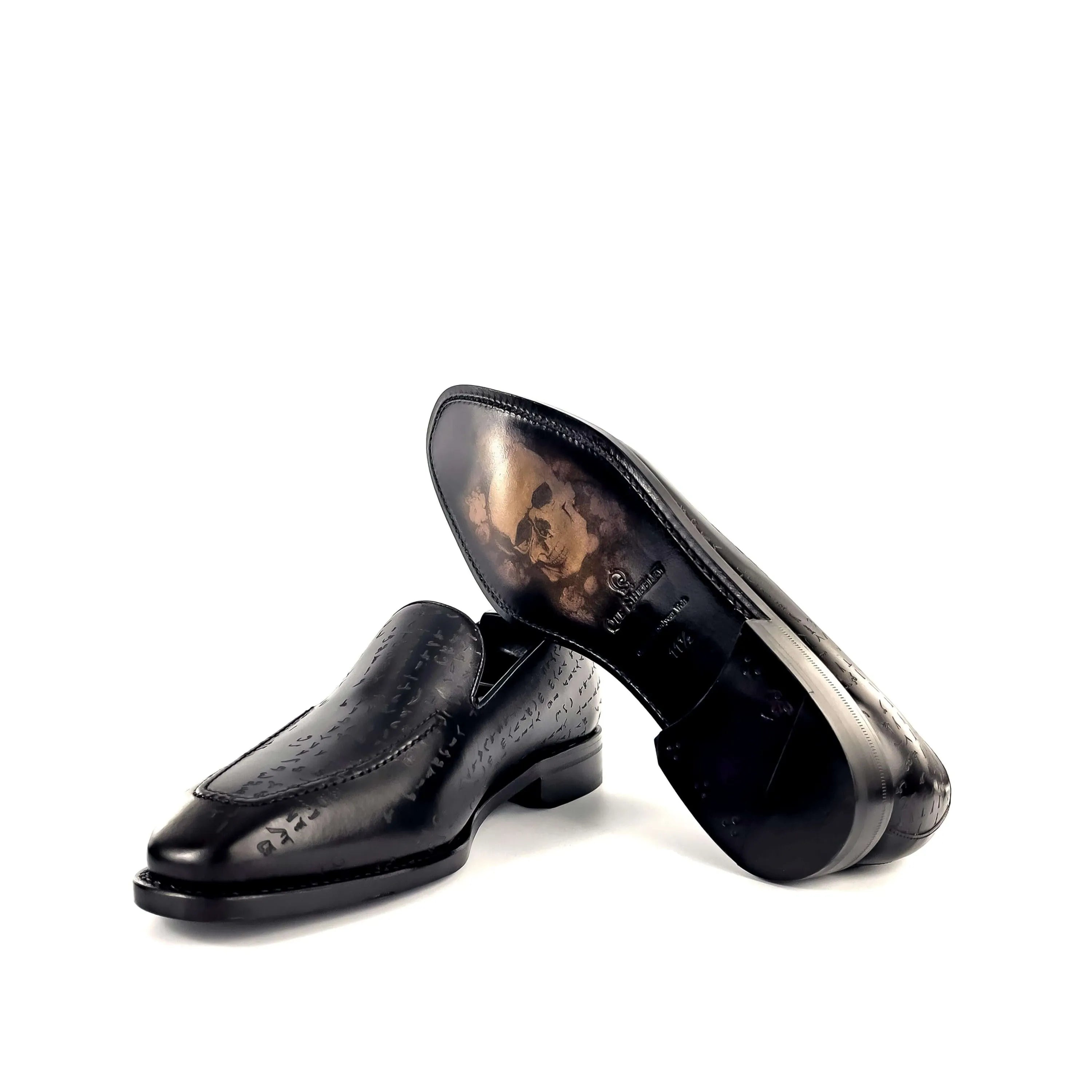 Pair of black Arabic Matrix loafers in Goodyear welted Italian crust leather