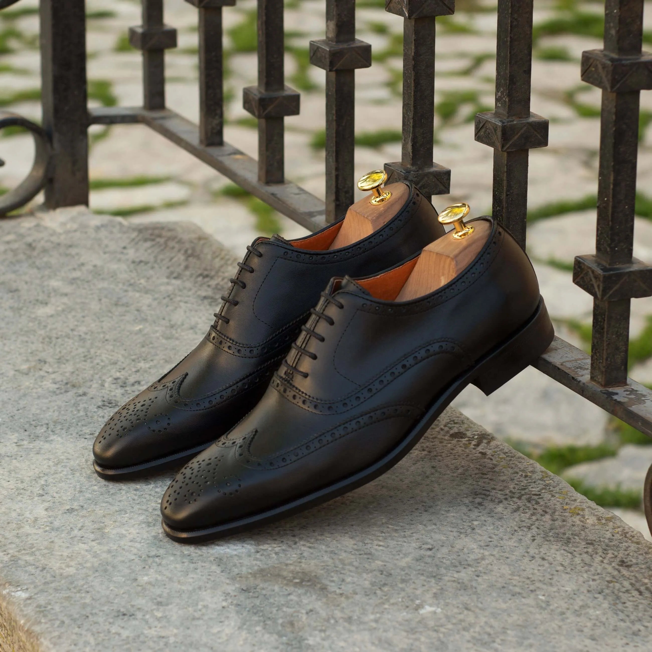 Pair of black leather Awan Full Brogue shoes for men