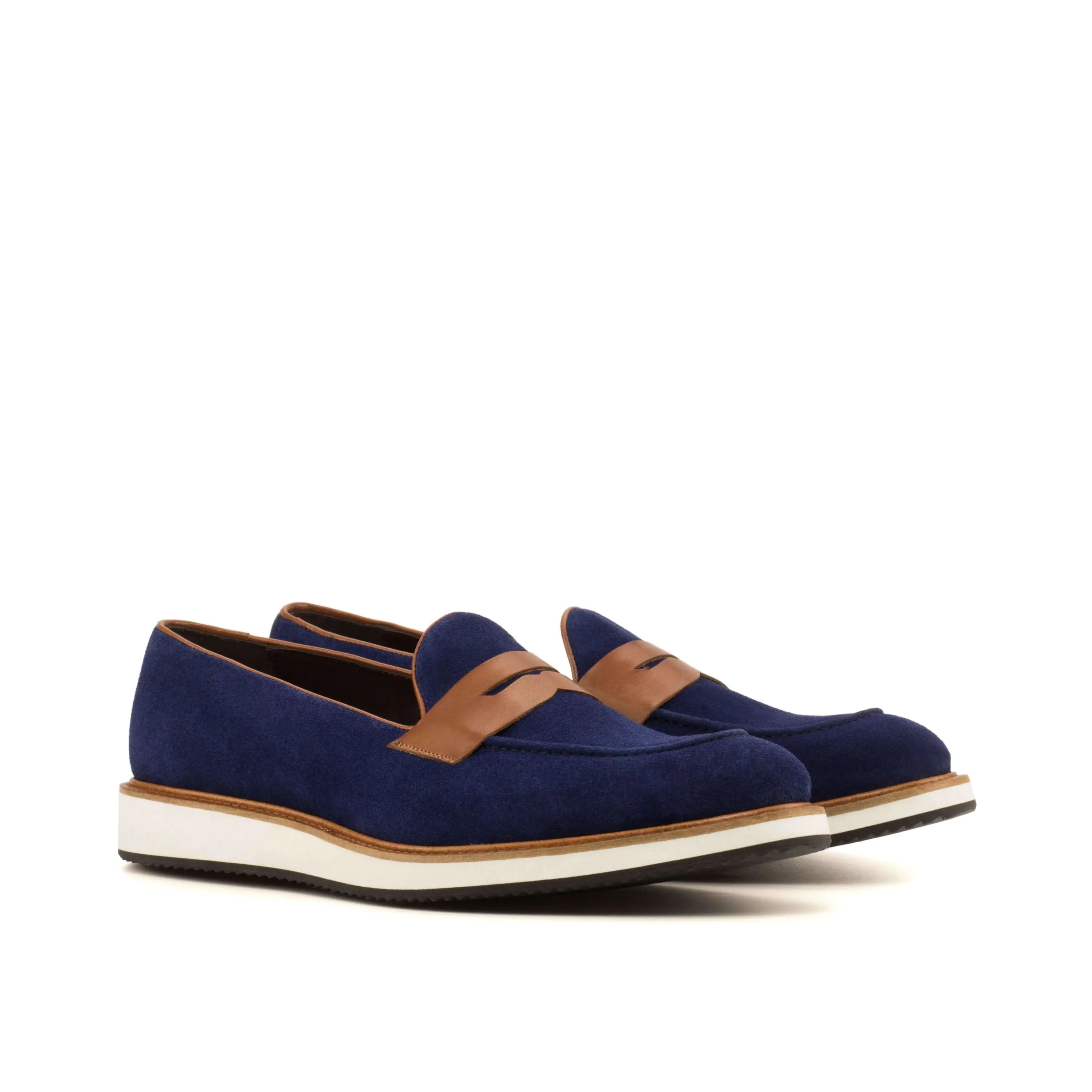 AZ05 loafers: navy blue suede penny luxury bespoke shoes for men