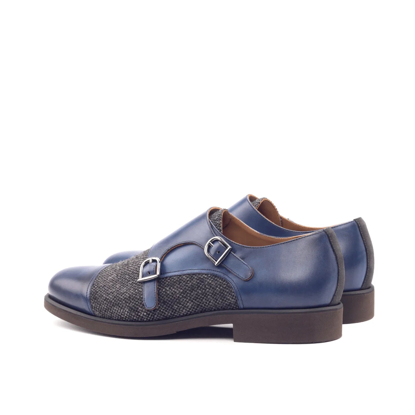 Balti double monk shoes in blue leather tweed with patina detail