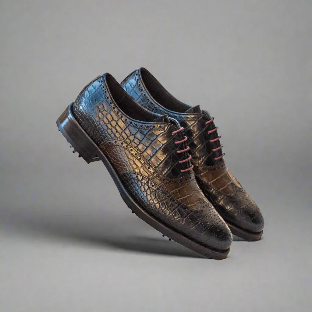 Pair of black crocodile leather Bobby Full Brogue golf shoes