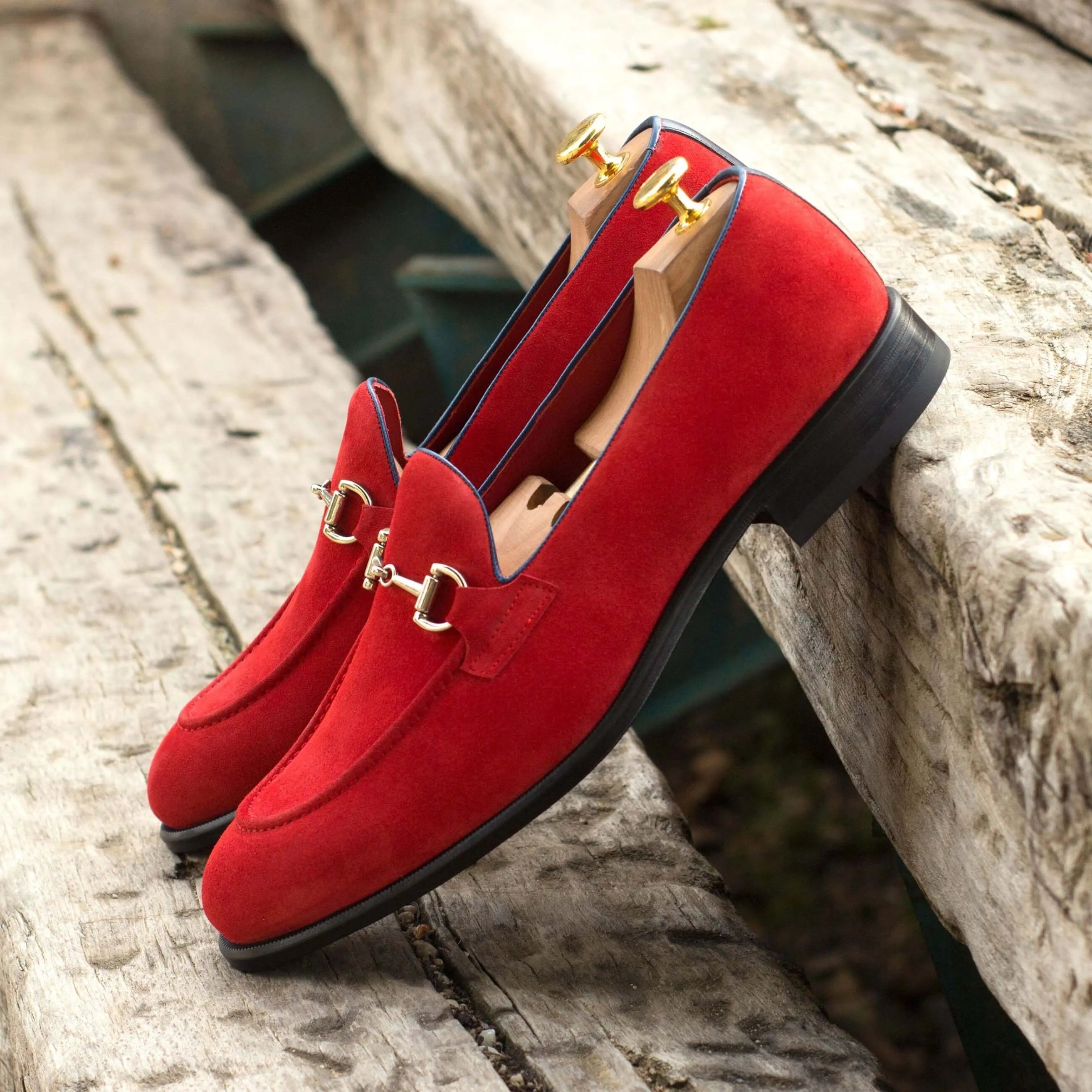 Bossy loafers: red suede mens luxury bespoke shoes with gold hardware