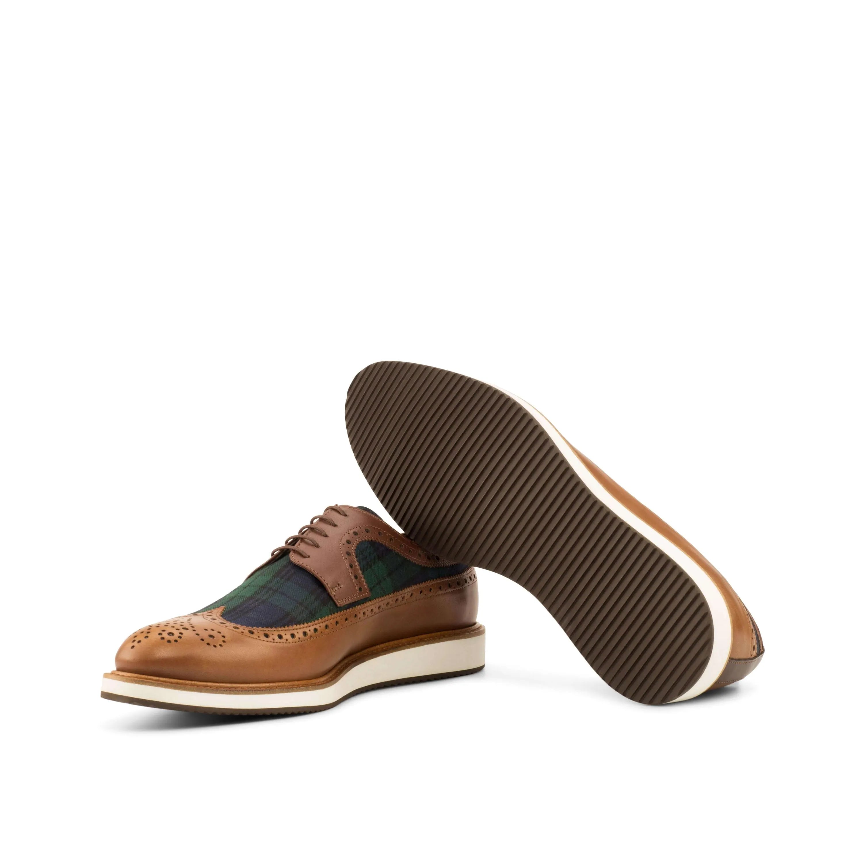 C89 longwing blucher brown leather plaid wingtip shoes
