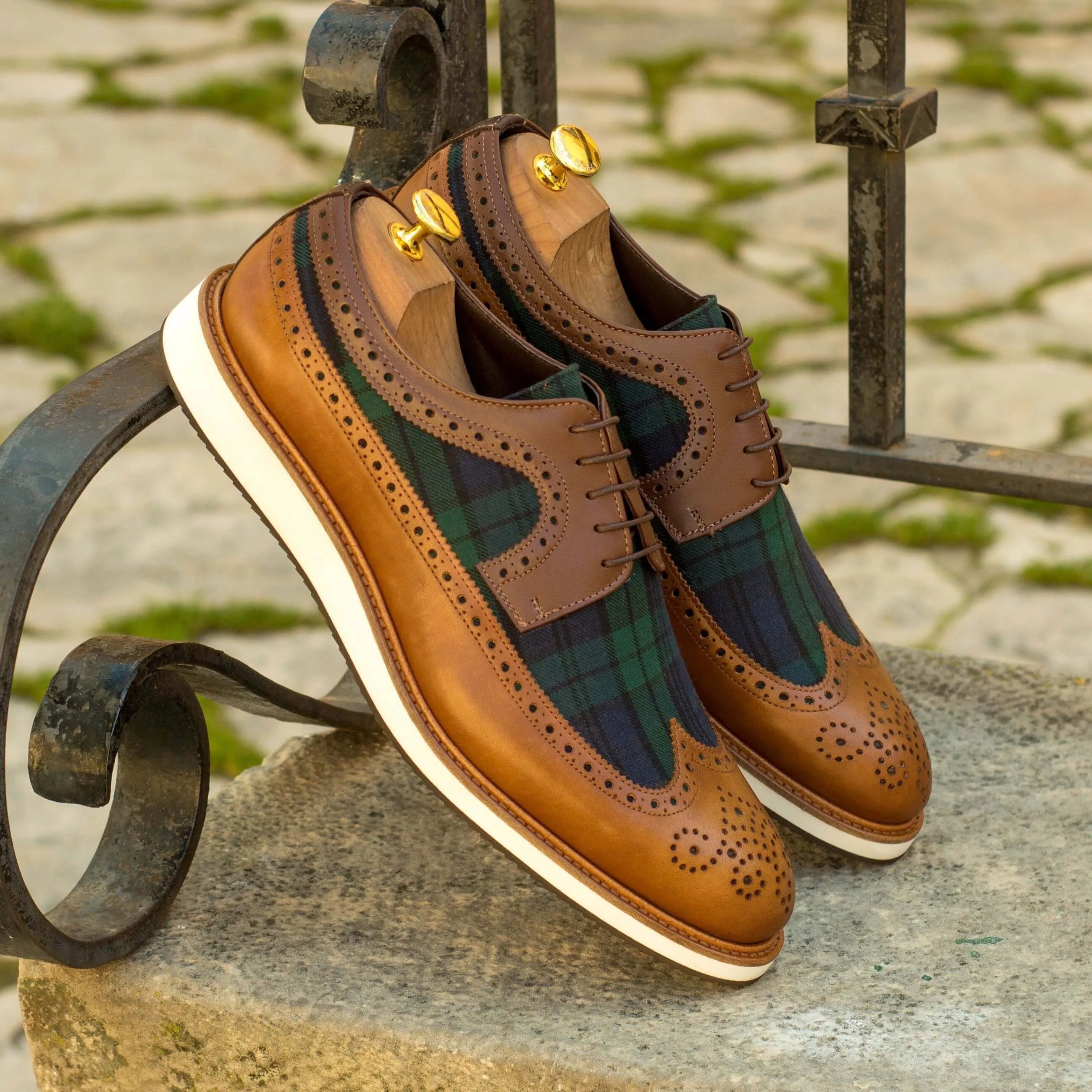 C89 longwing blucher brown box calf leather plaid wingtip shoes
