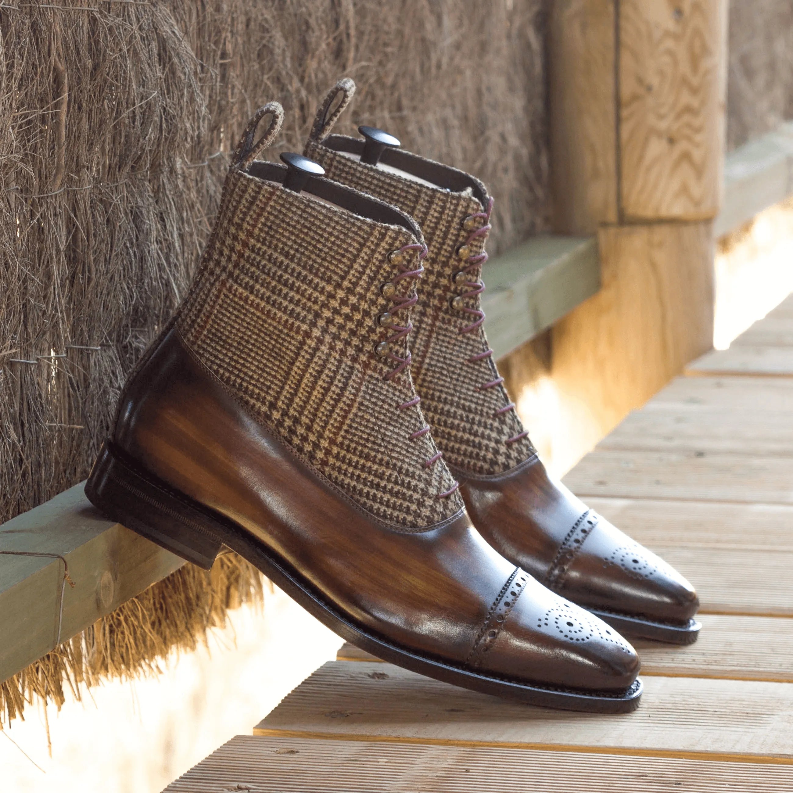 Caine Balmoral Patina boots in brown leather and tweed