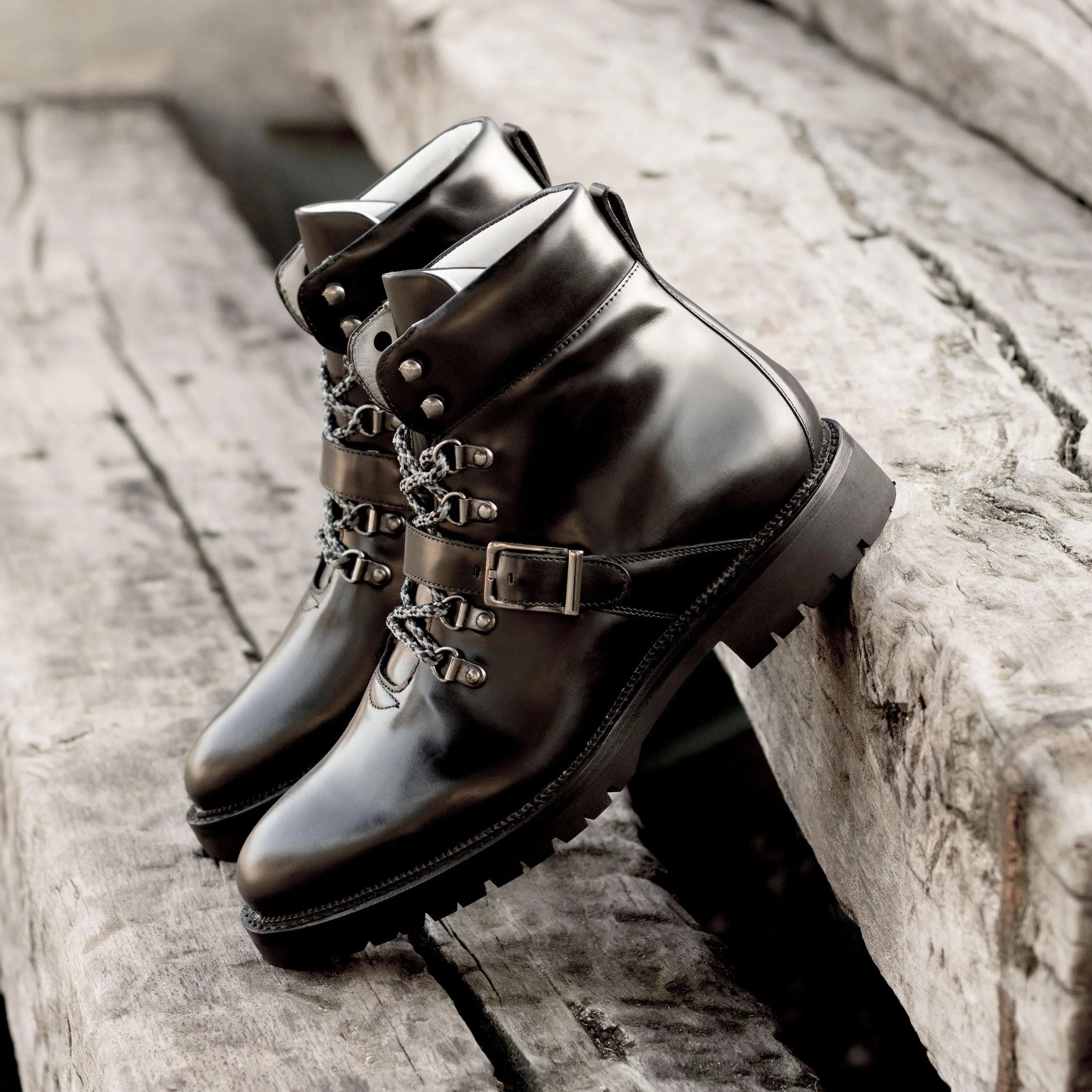 Shiny black leather Denali Hiking Boots II rear view