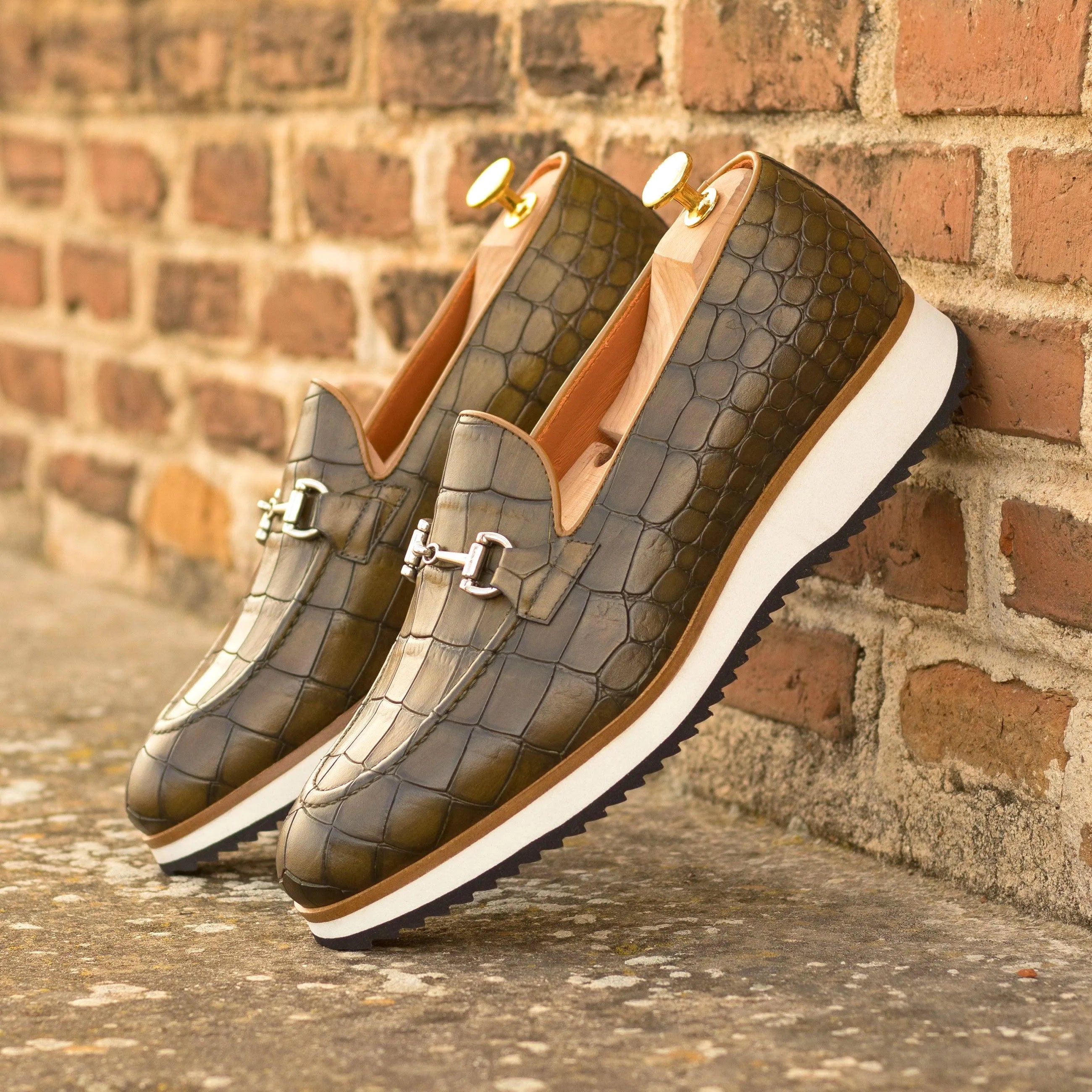 Dimitry loafers in olive green crocodile, luxury bespoke shoes for men