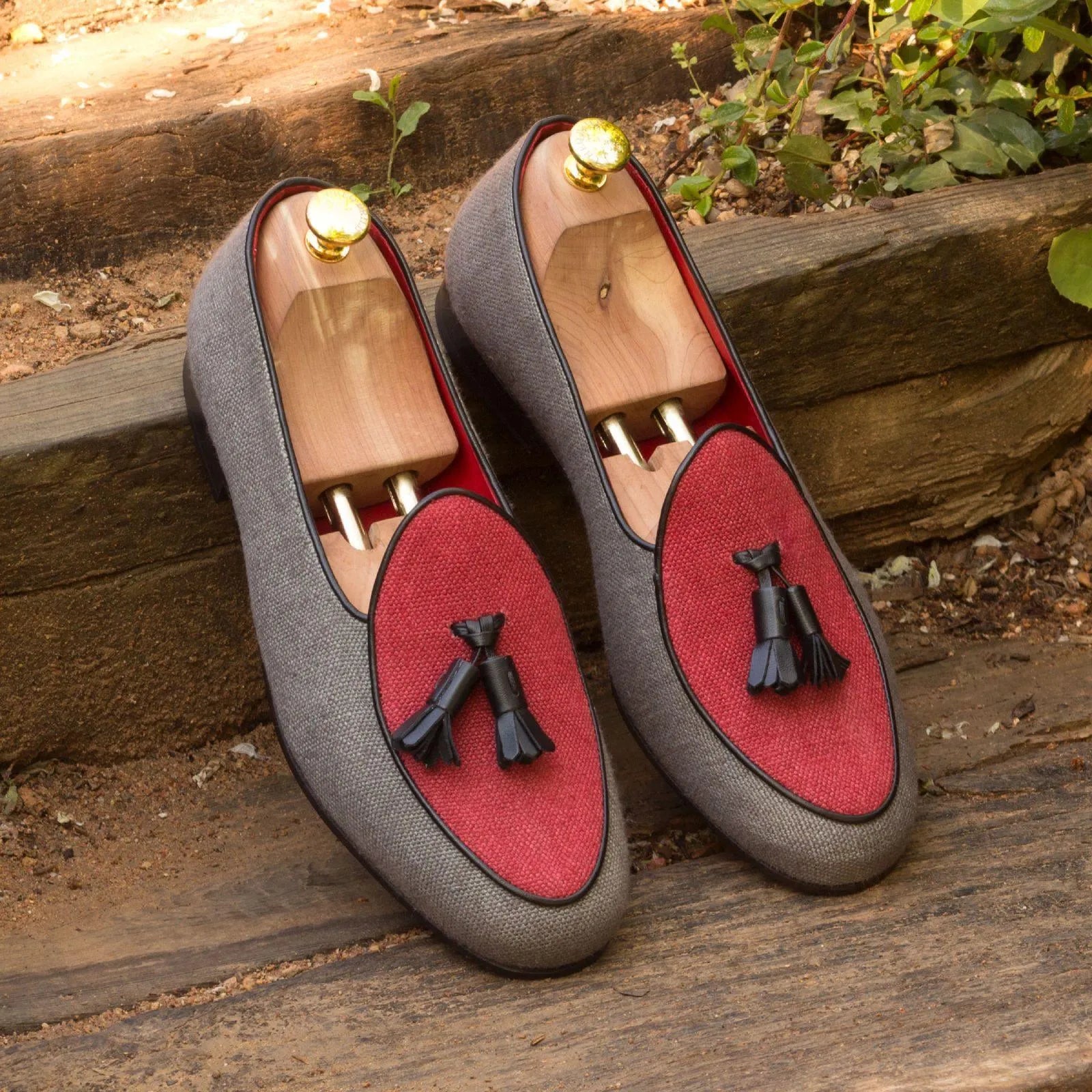 Dirko Belgian Slipper II gray and red tassel loafers back view