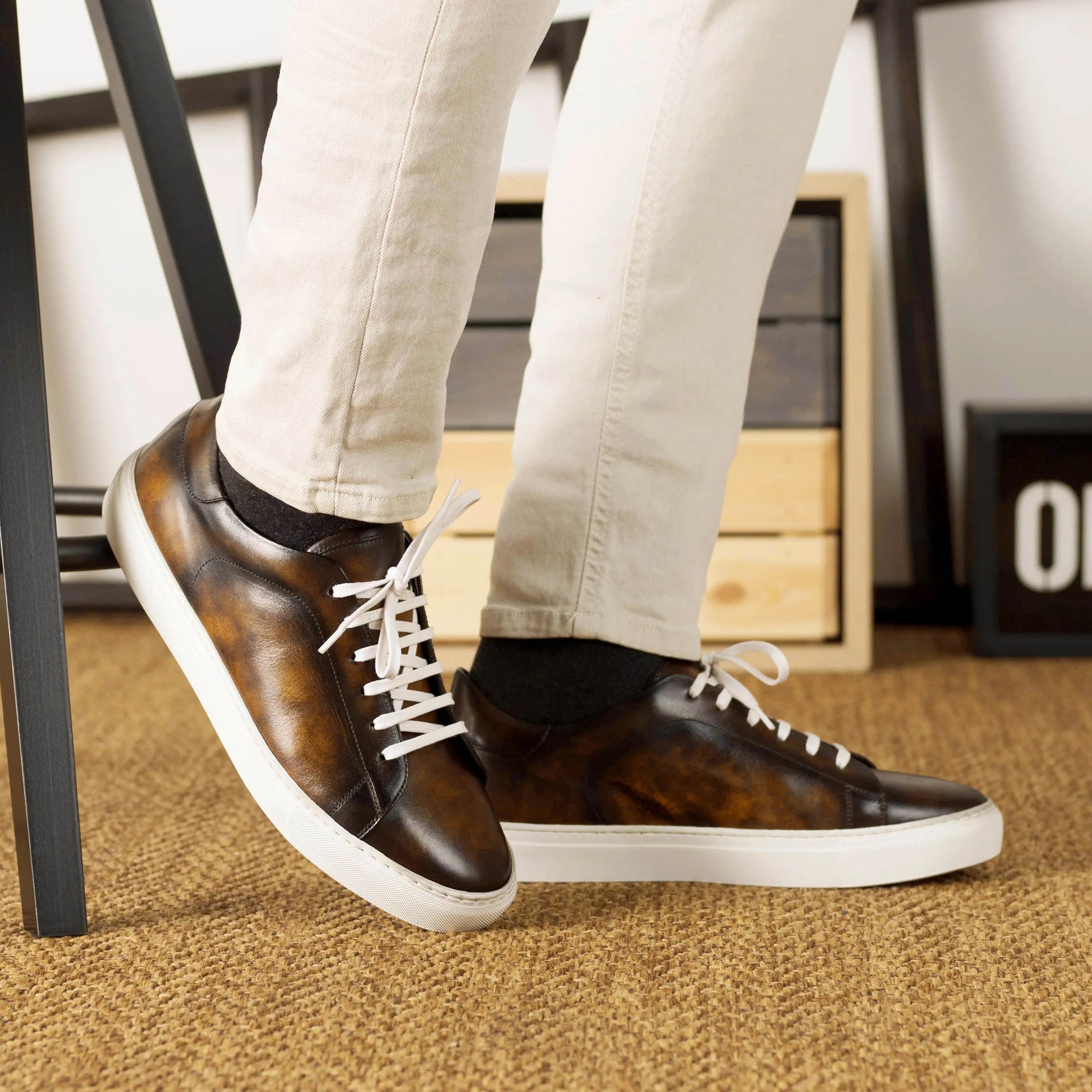 Brown Dom Trainer Patina sneakers with white cupsole soles
