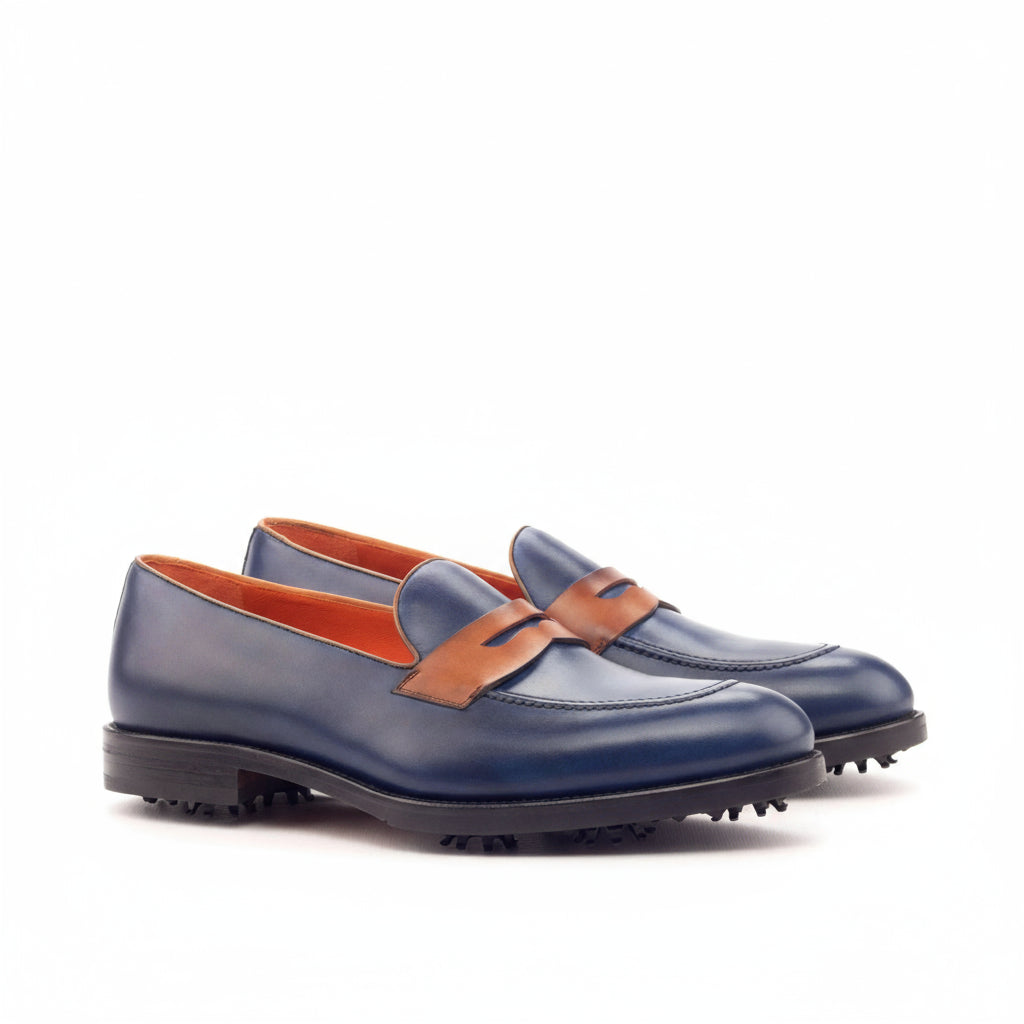 Double Eagle Loafer golf shoes in blue and brown painted calf leather