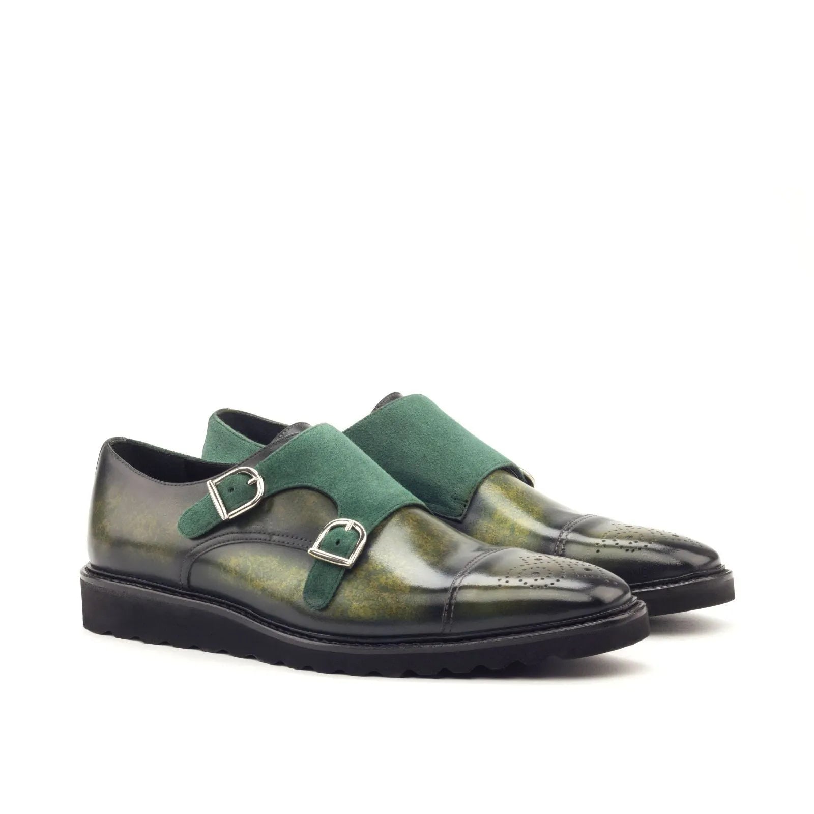 Dunstan Patina double monk green leather strap shoes
