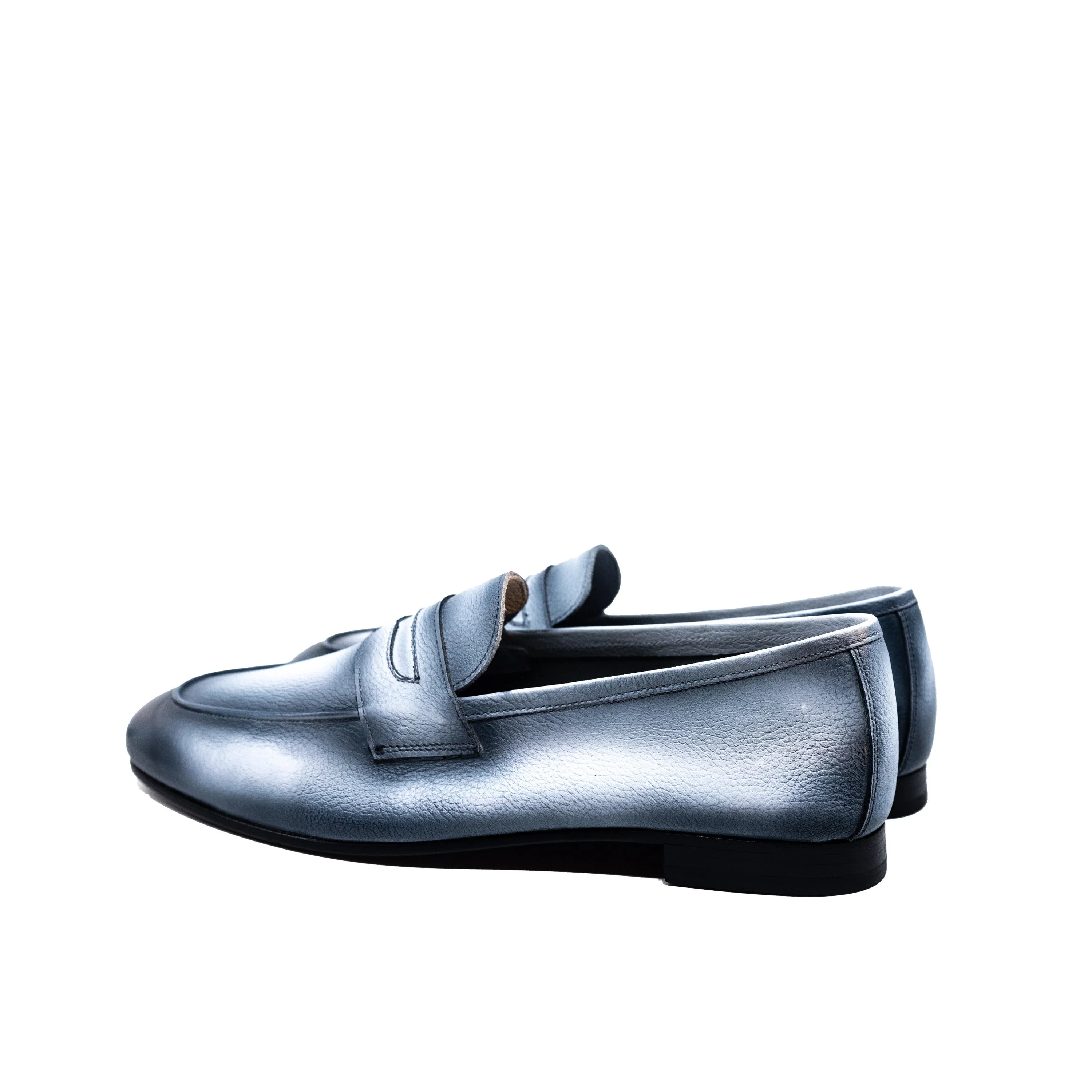 Dymo Flex Slip silver metallic peep toe loafers with tassel detail