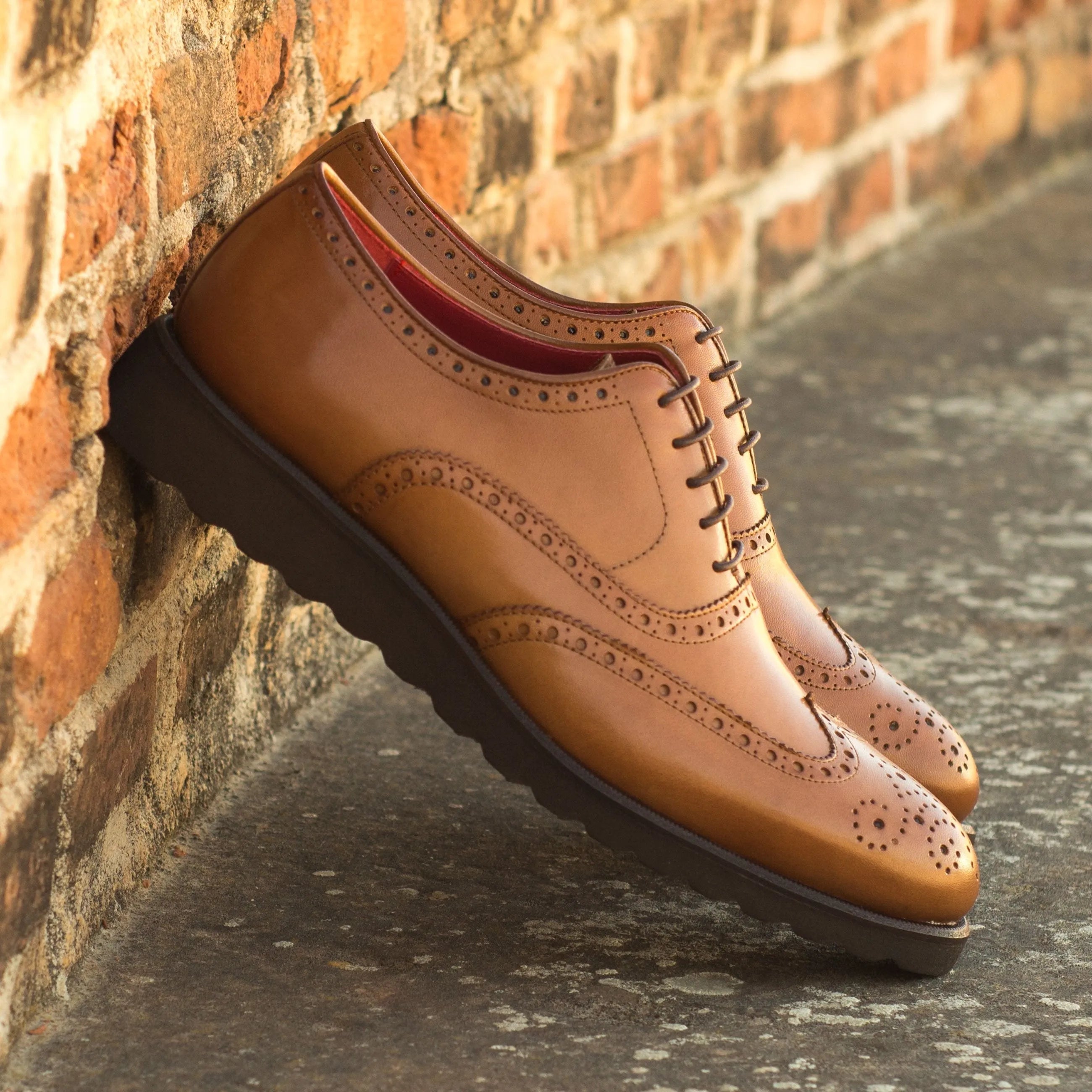 FB02 full brogue brown leather wingtip shoes with hand-painted patina