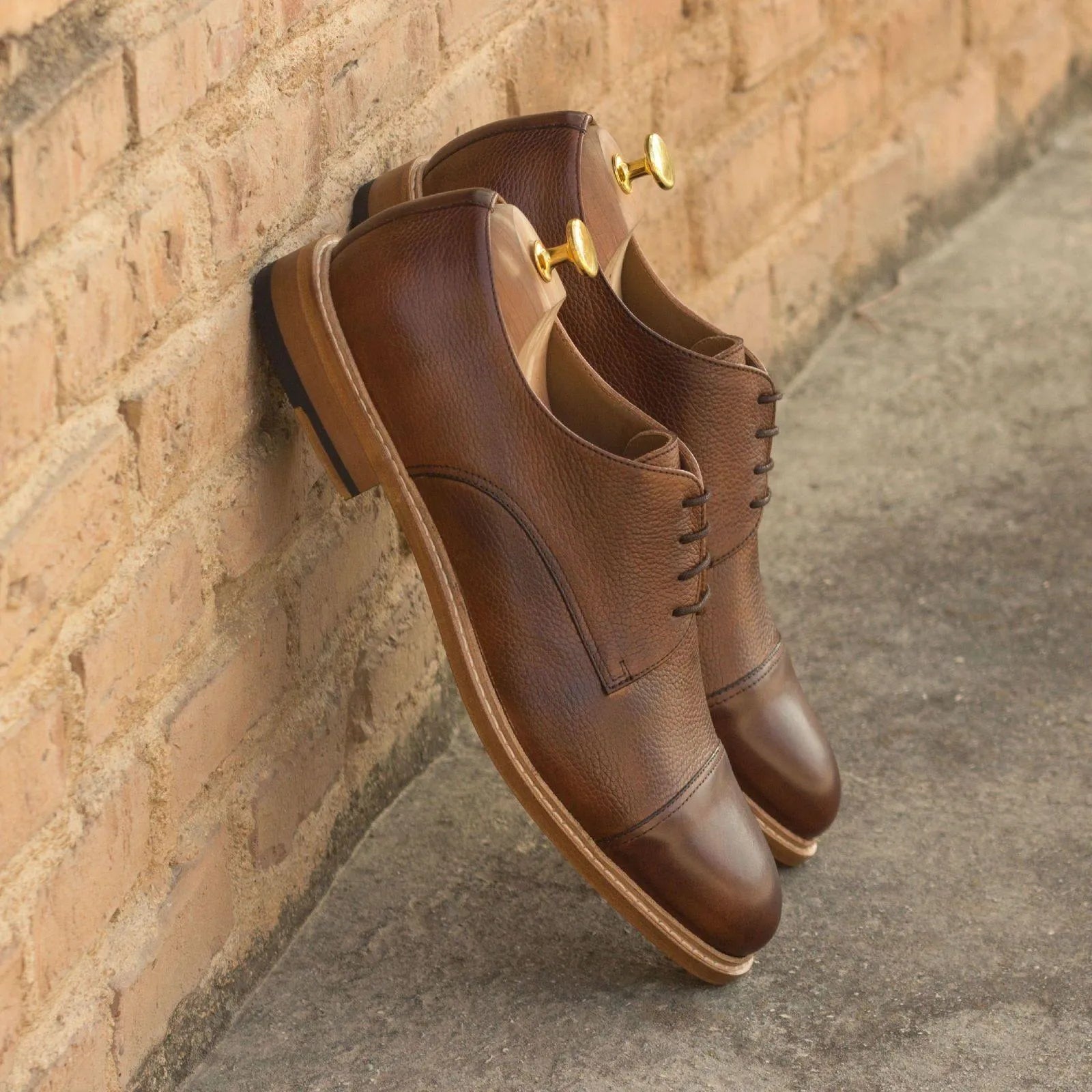 Pair of brown leather Gavins Derby shoes with patina split toe