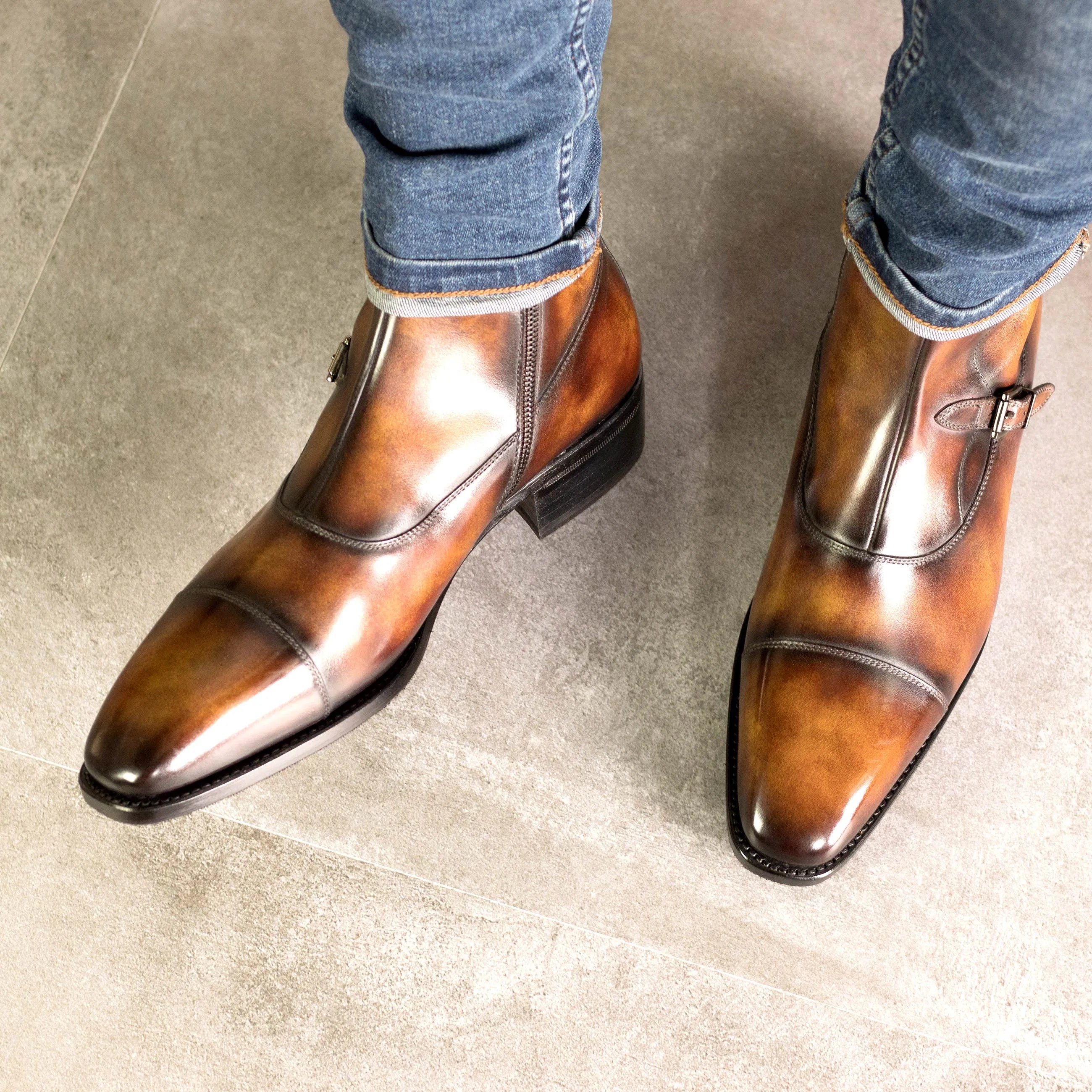 Georgo Octavian Patina brown leather ankle boots back view