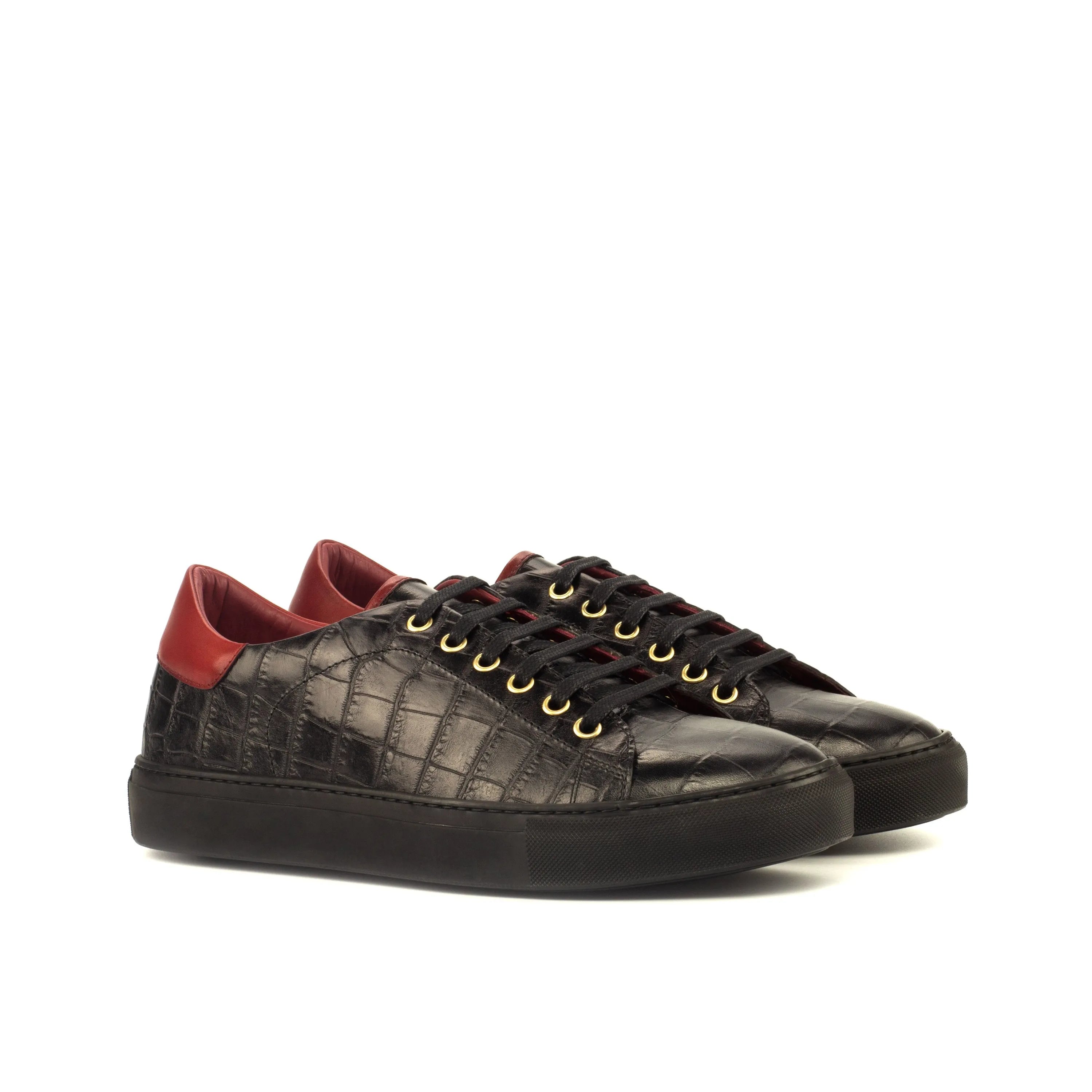 Back view of Ghadi Trainer Sneaker with black leather and red heel