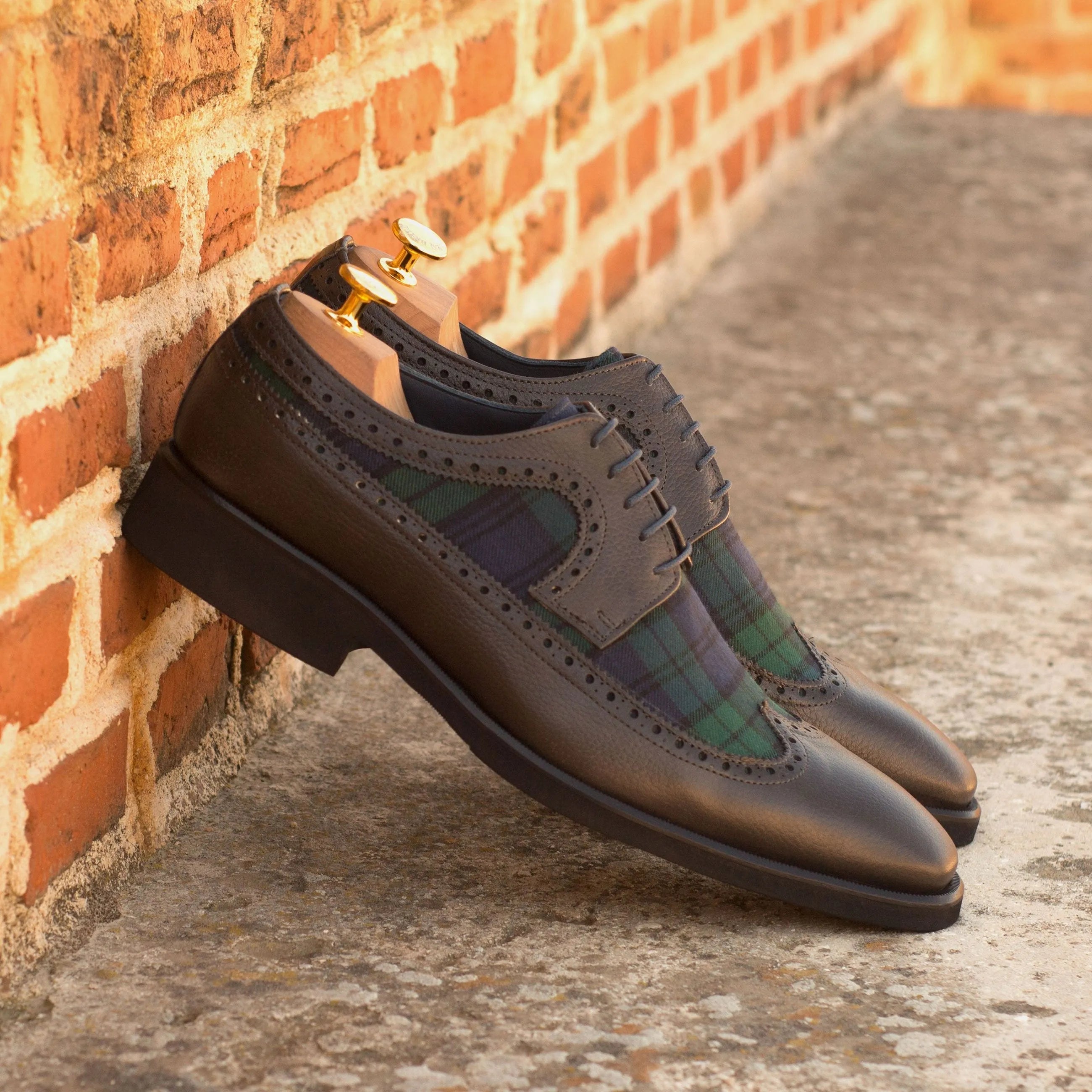 GM05 longwing blucher brown leather and plaid dress shoes