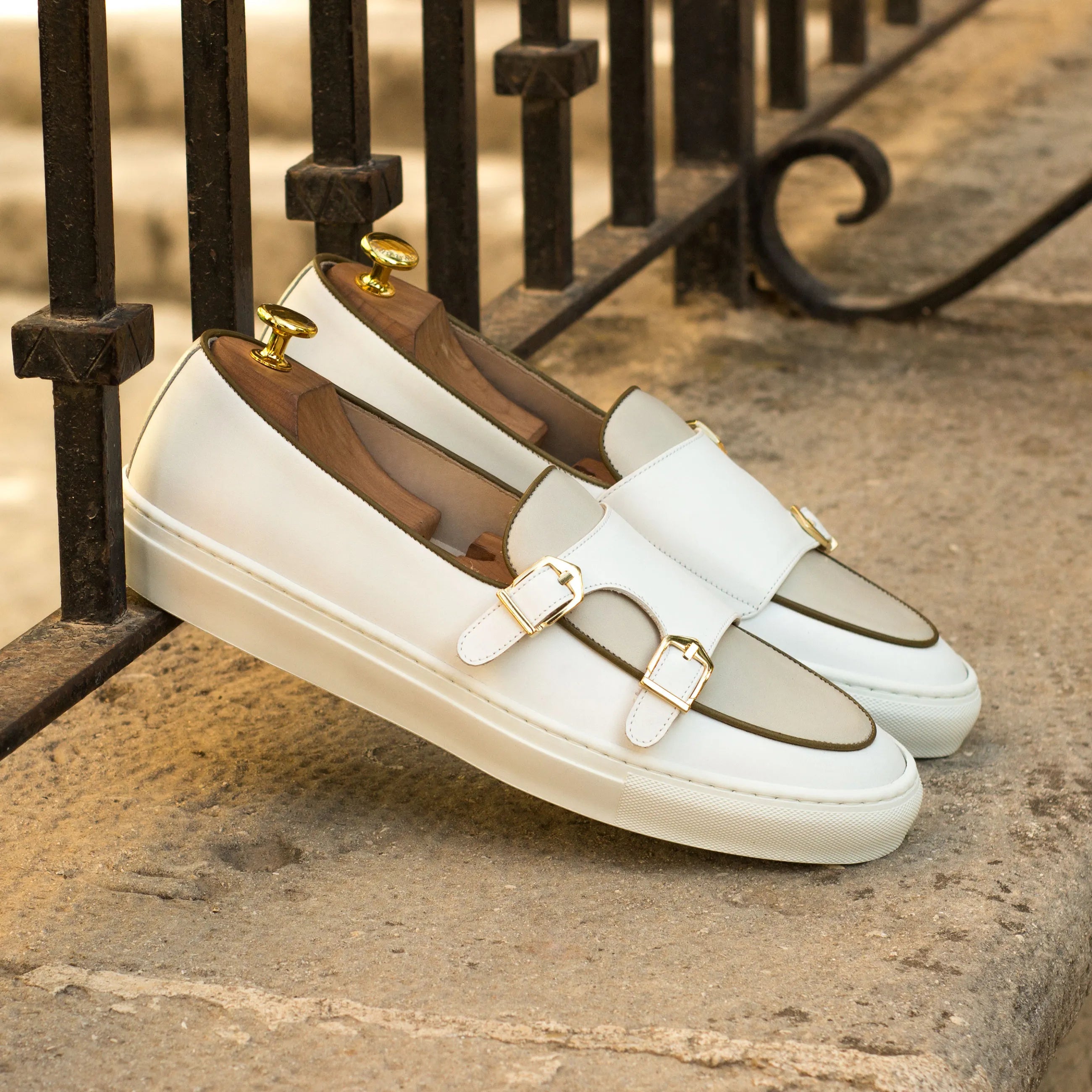 White Hakim monk sneaker with double monk painted calf leather back view
