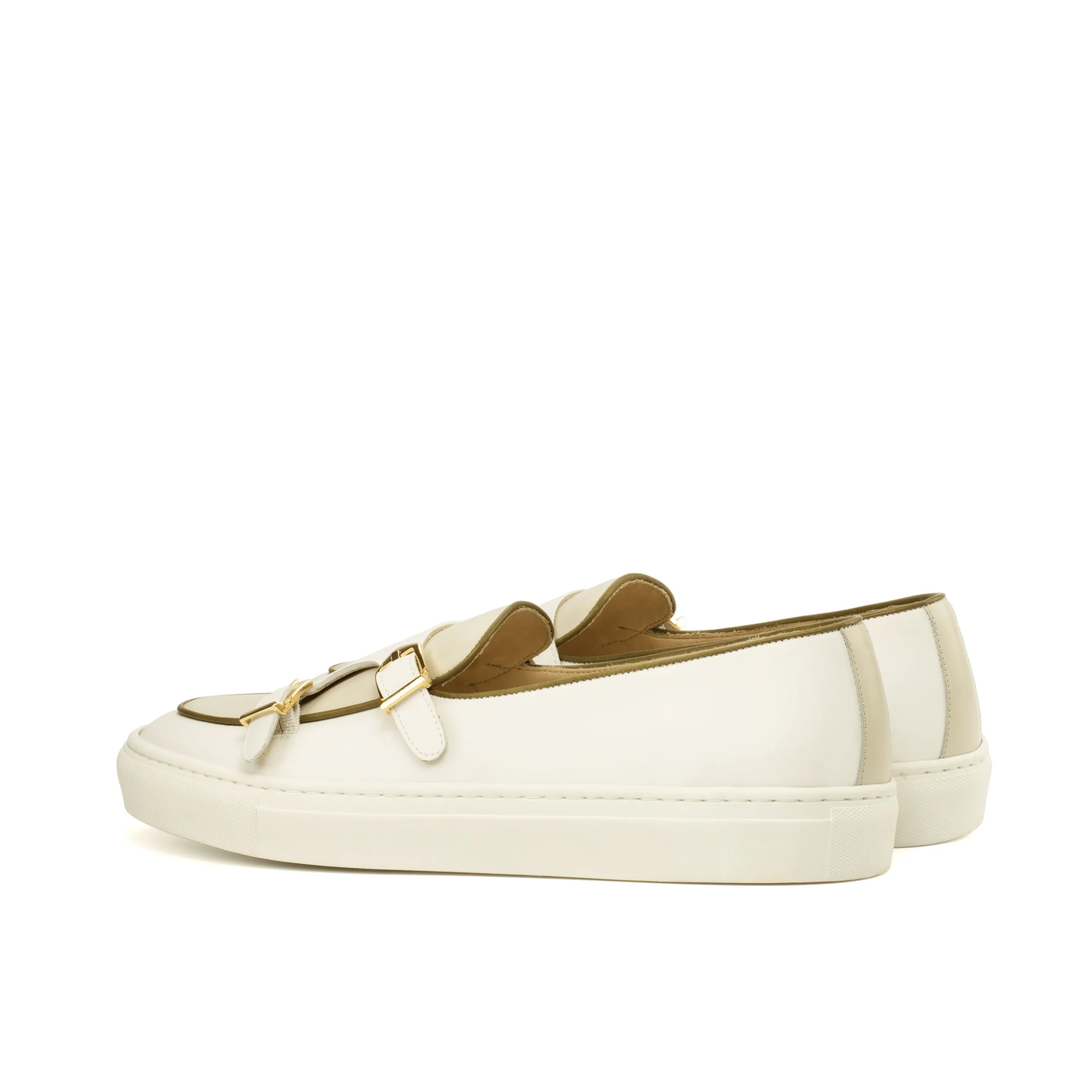 White Hakim monk sneaker with double monk painted calf leather back view