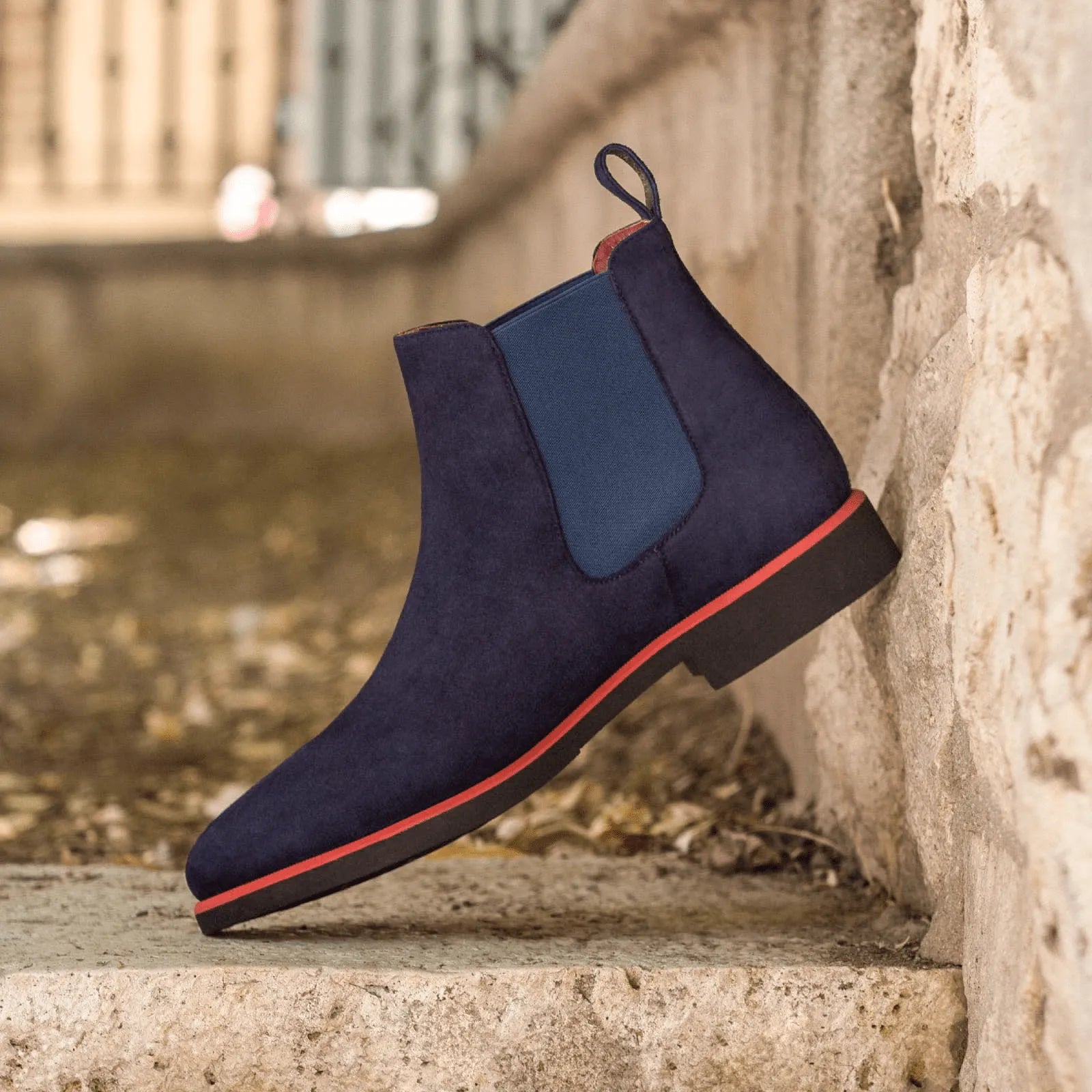 Blue suede J Chelsea boot, luxury bespoke hand-painted patina shoe for men