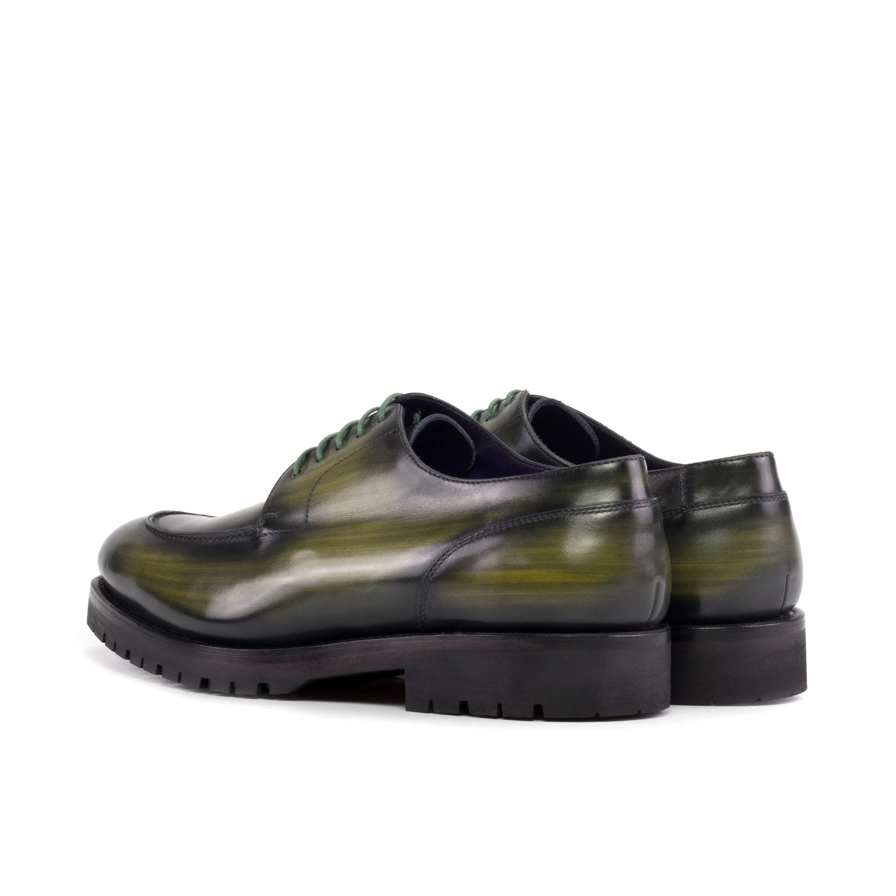 Jarama derby split toe patina shoes in green leather
