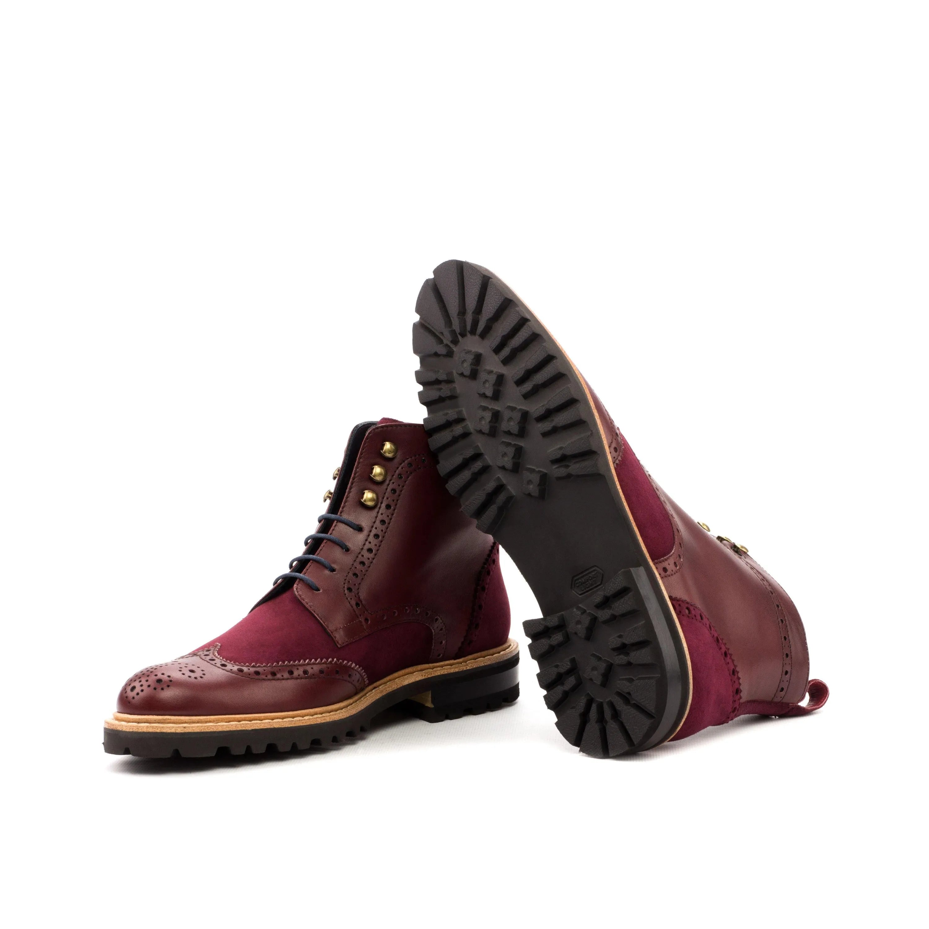Jayanta ladies military brogue boots II in burgundy leather and suede