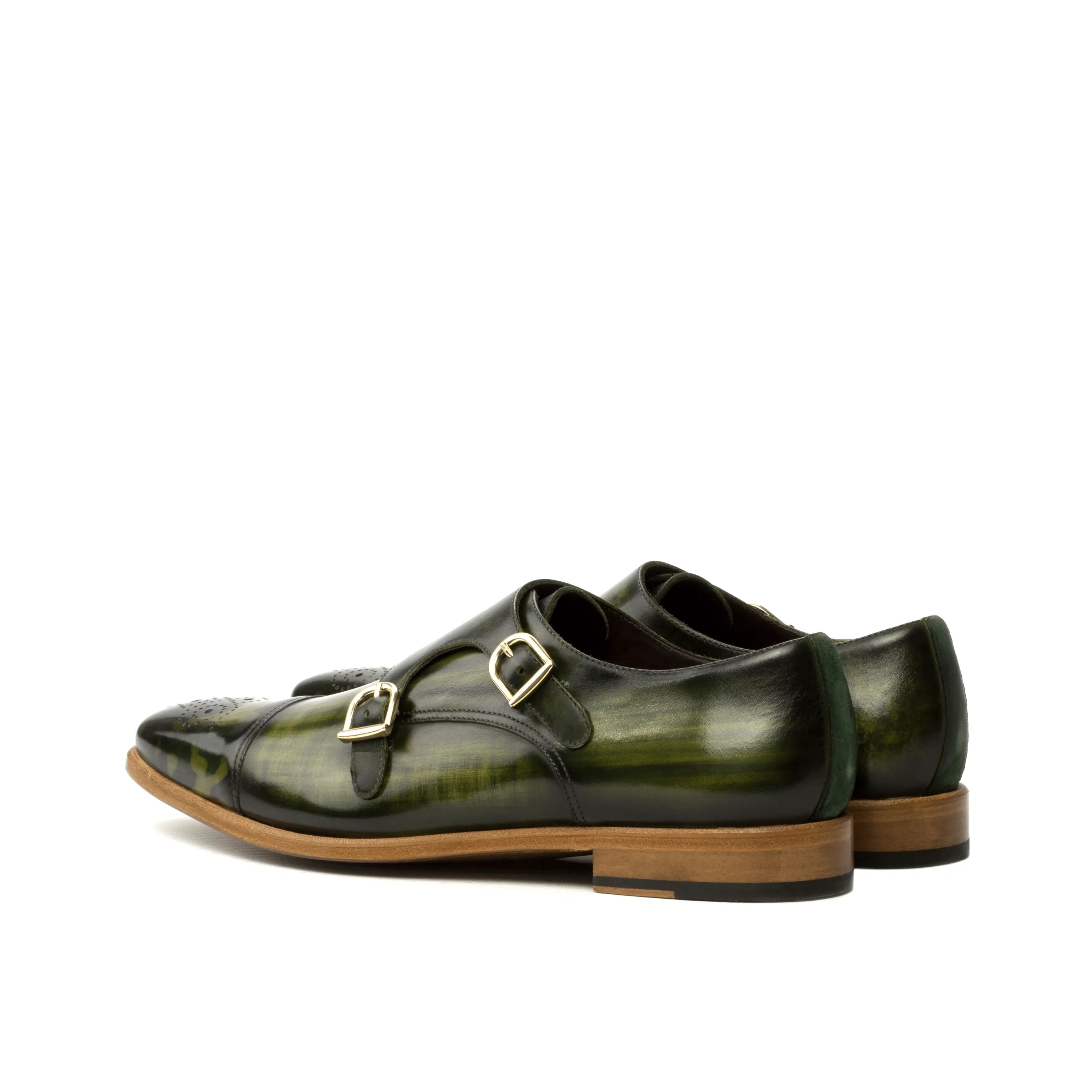 Joker double monk patina green leather shoes back view