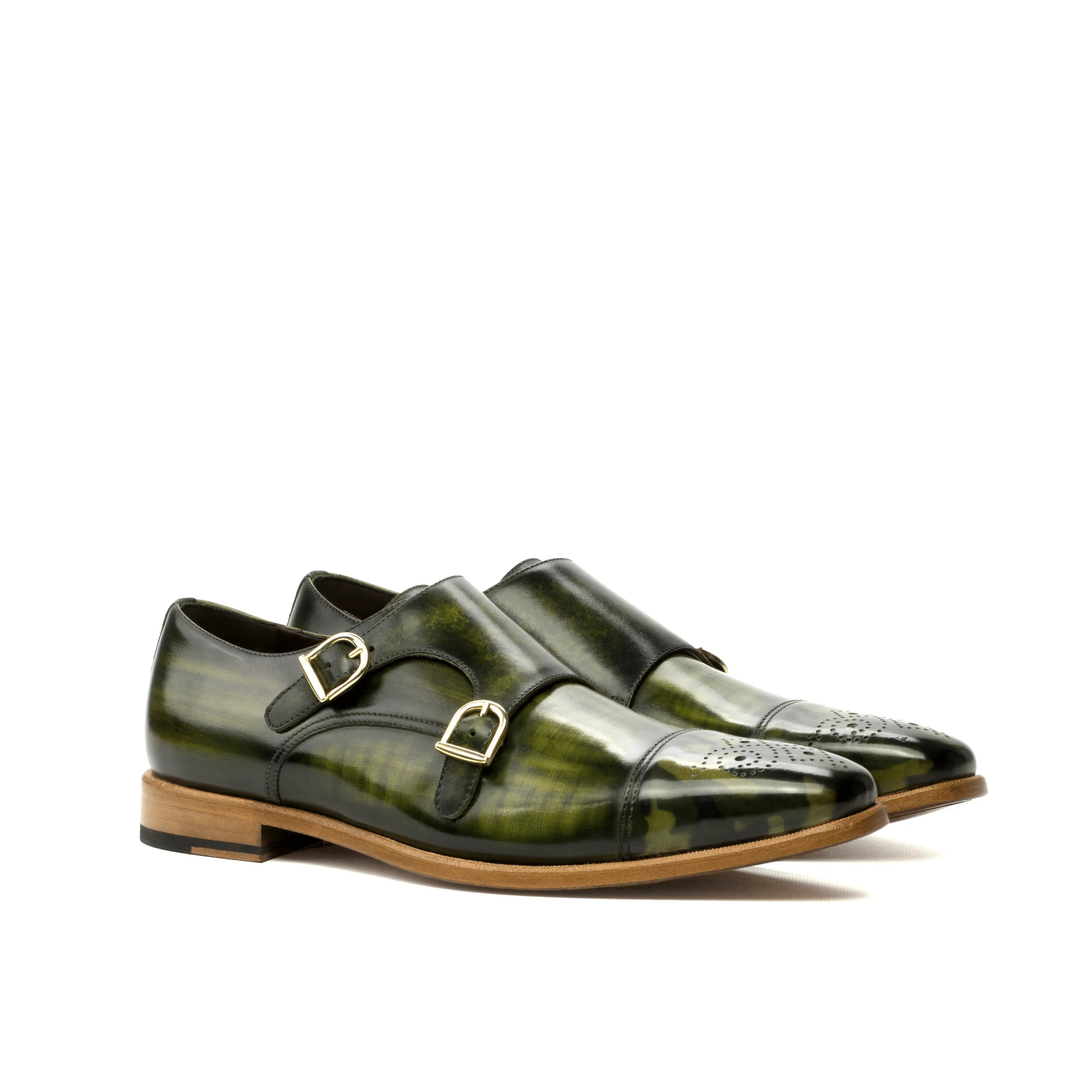 Joker double monk patina shoes in green leather back view