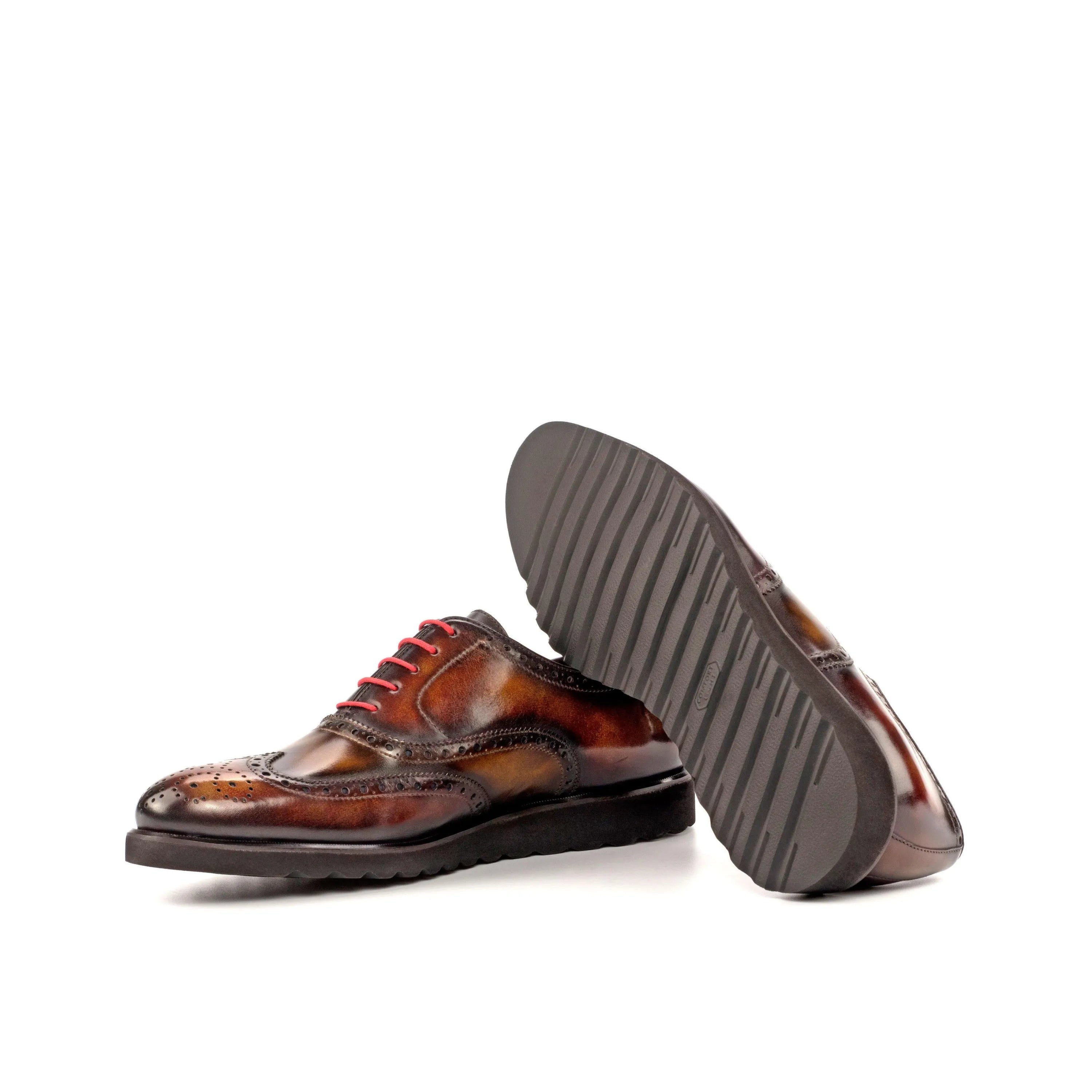 Junior Patina Full Brogue Shoes in brown leather with red laces and brogue patina