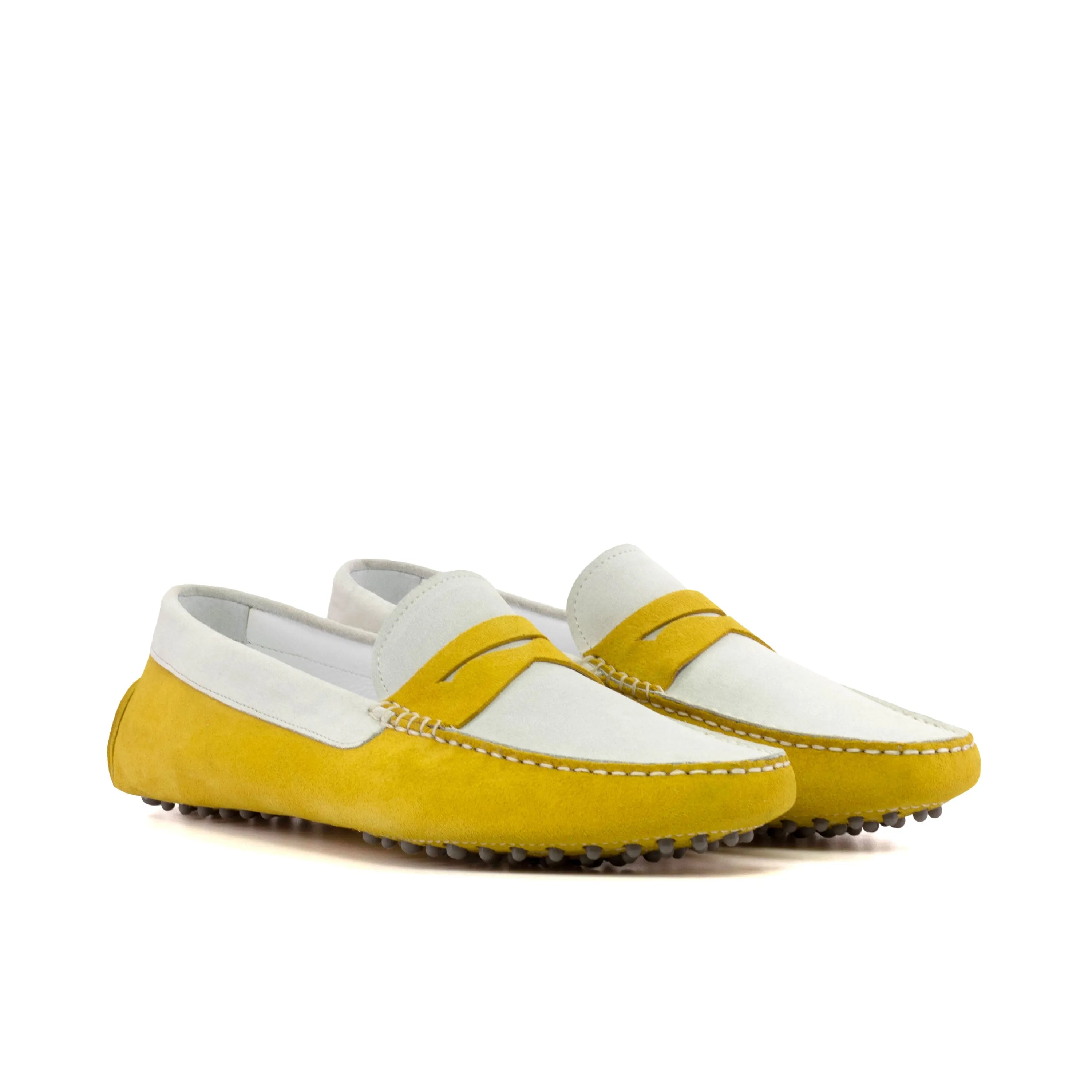 Kalma Driver yellow and white leather loafers, luxury bespoke shoes for men