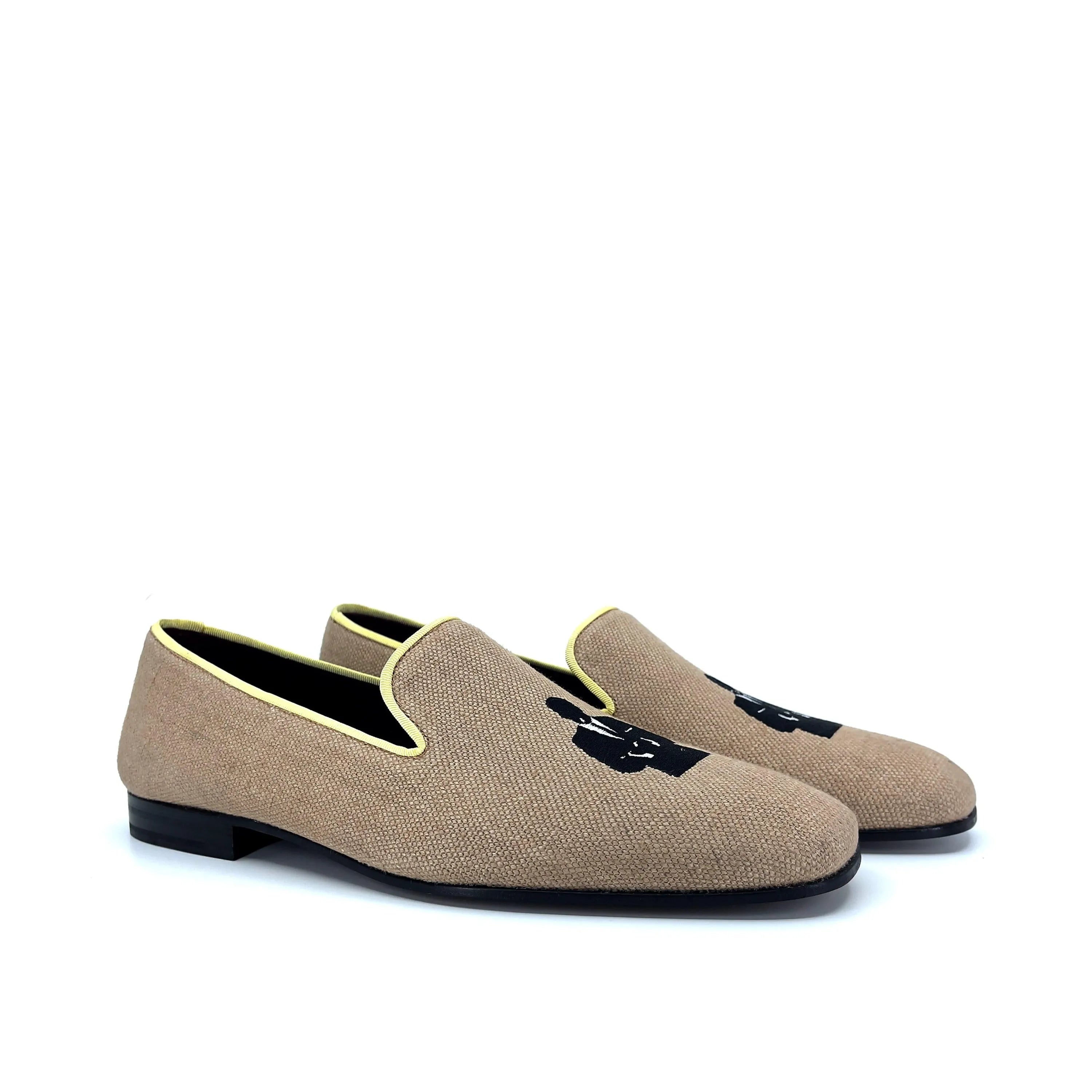 Lane Drake Slipon II tan loafers with black embroidery design