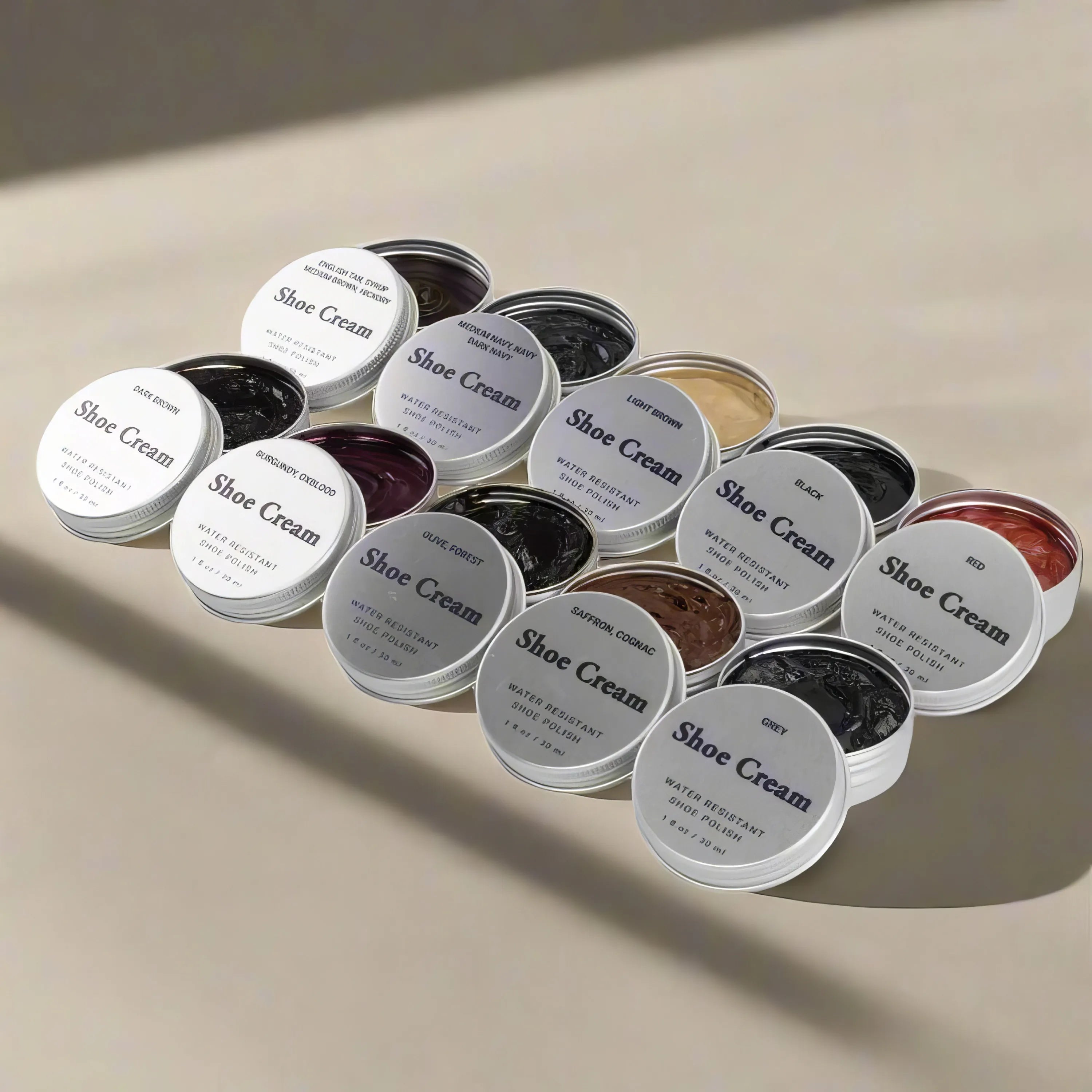 Luxe calf leather shoe cream kit with colorful tins