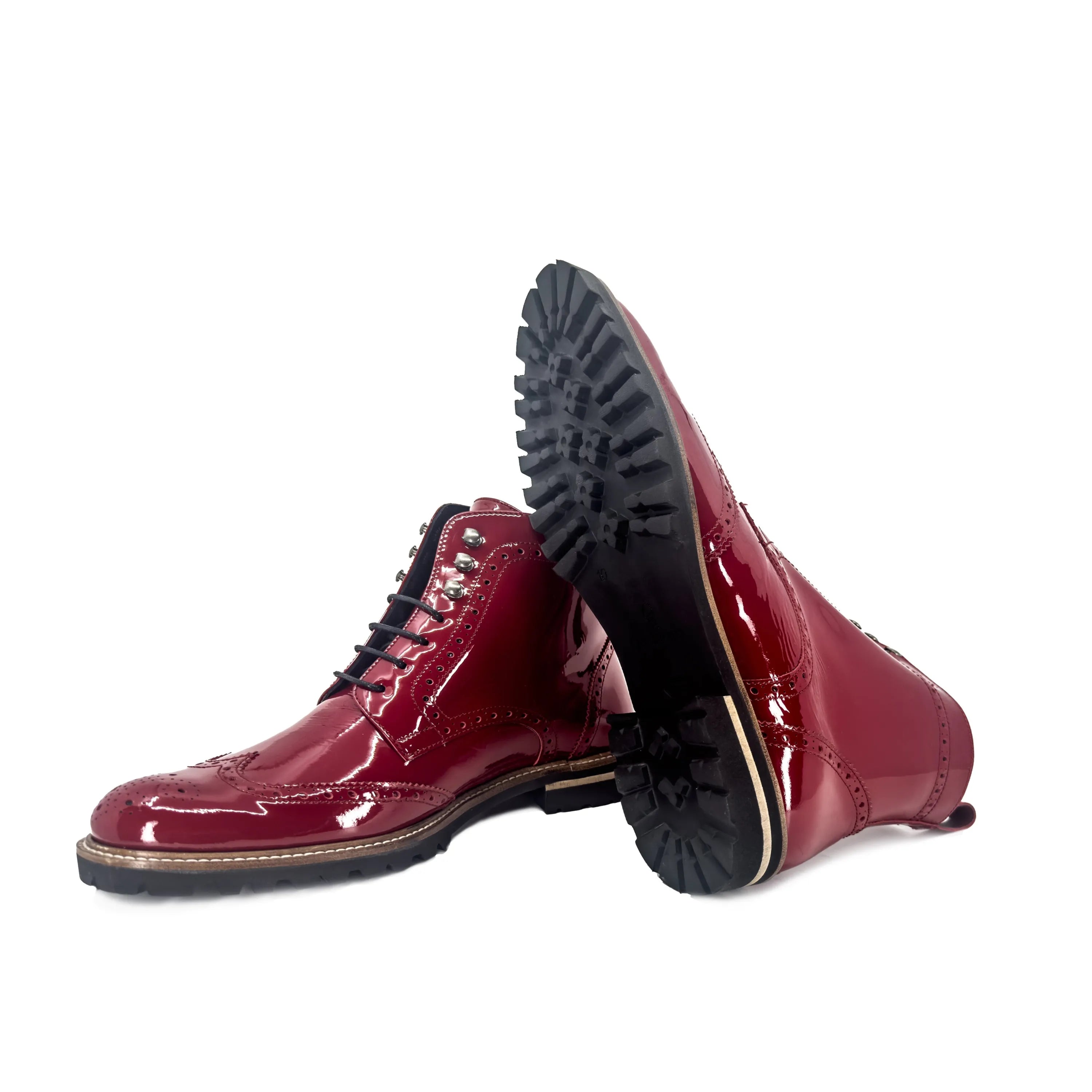 Lila unisex military brogue boots II: shiny burgundy leather pair