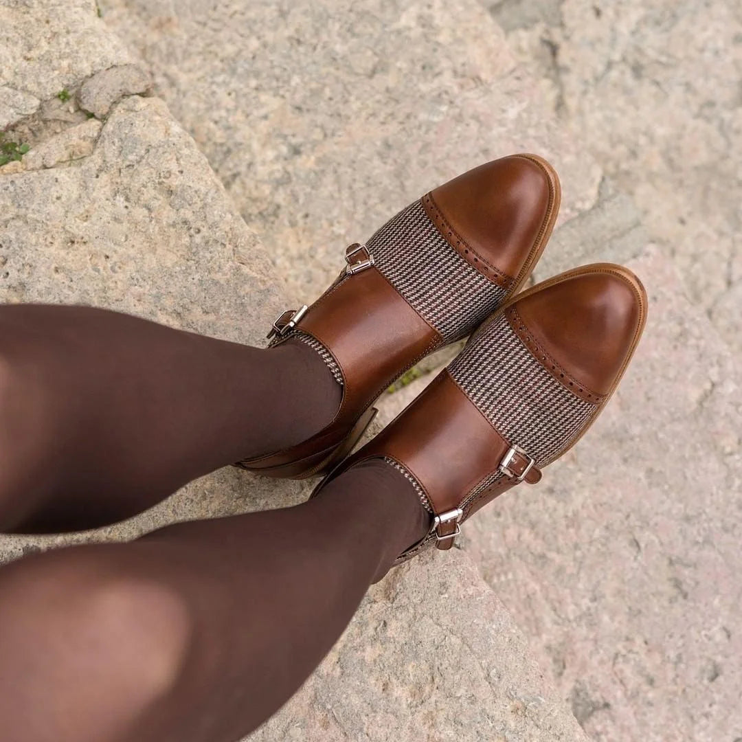 Lolas women double monk shoes in brown leather with woven ankle strap