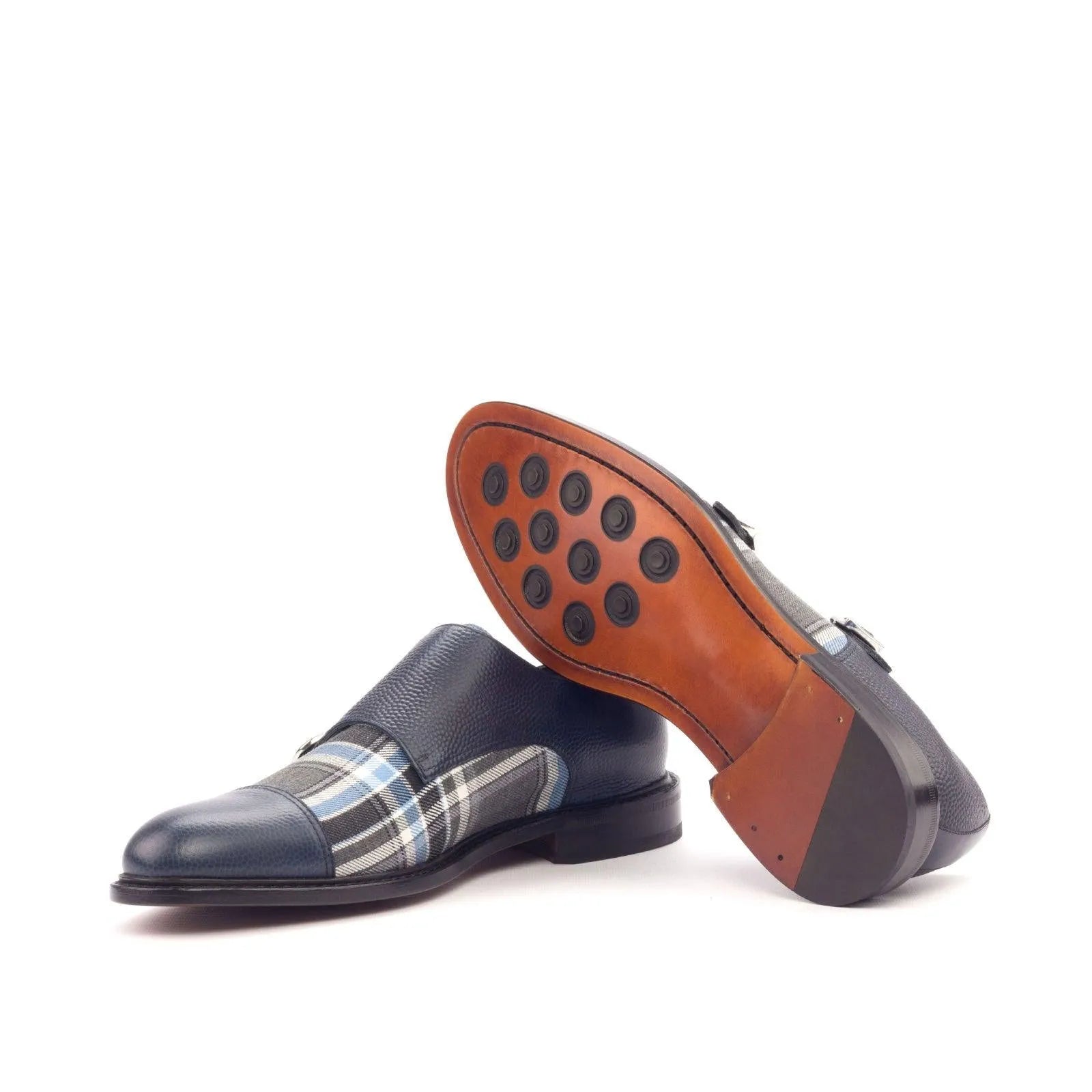 Lorrd Double Monk blue leather and plaid double monk shoes