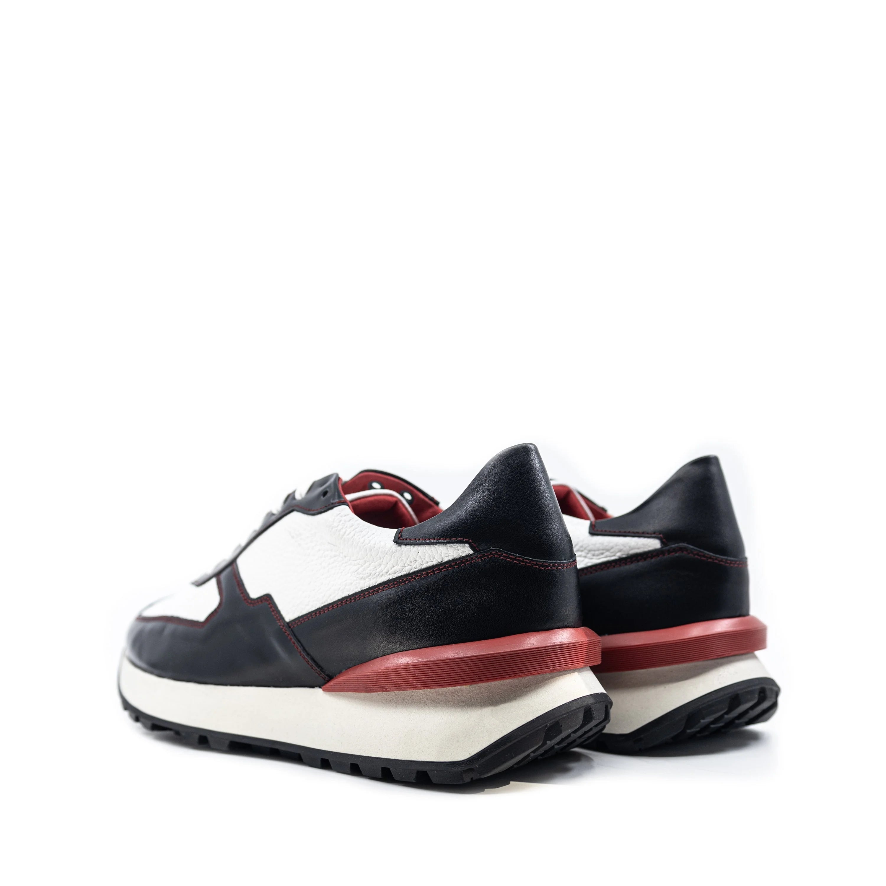 M10 Chunky Tempo Trainer Sneaker in black and white Italian leather with red accents