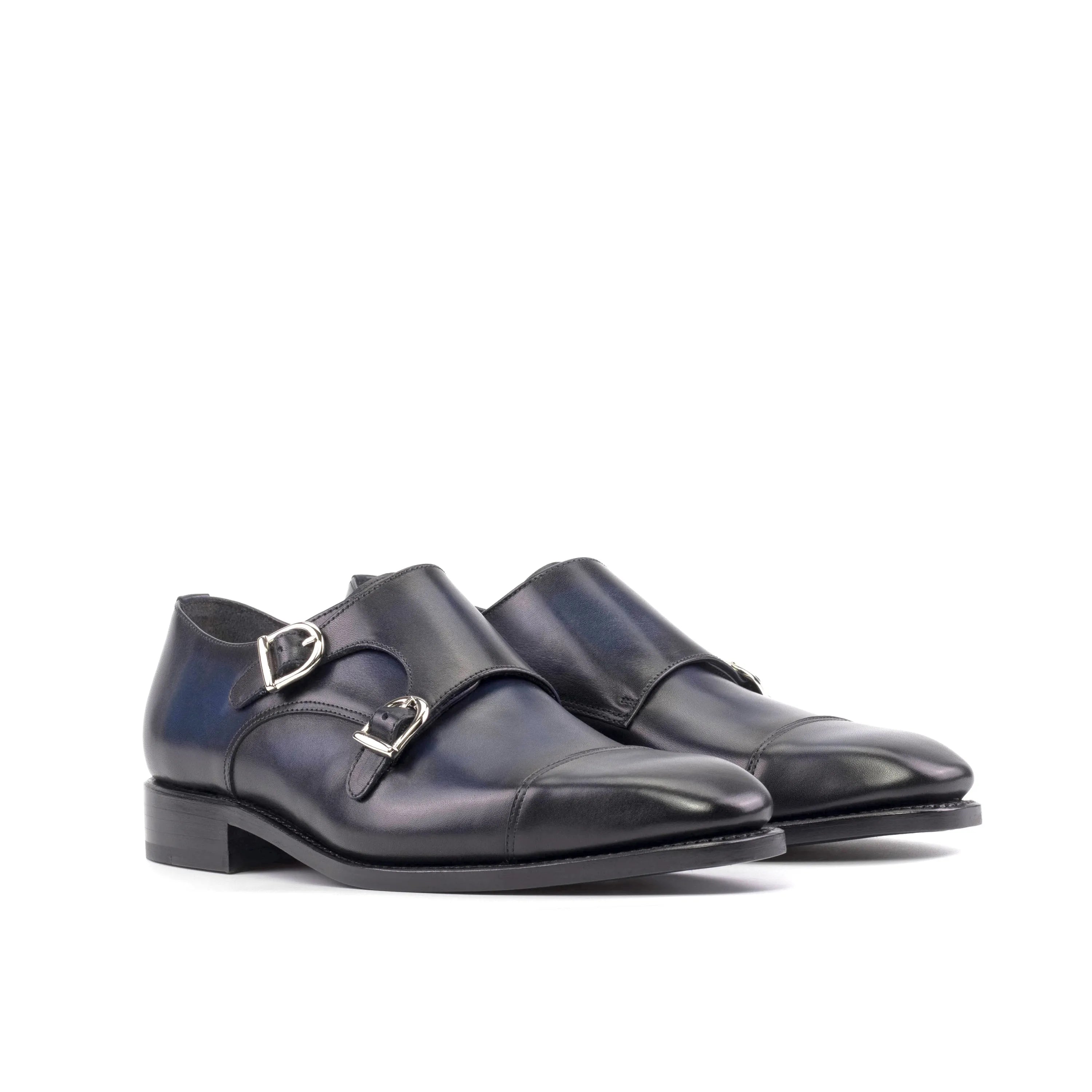 Magnus Double Monk pair of blue leather shoes, back view, ships fast lane in 2-3 business days