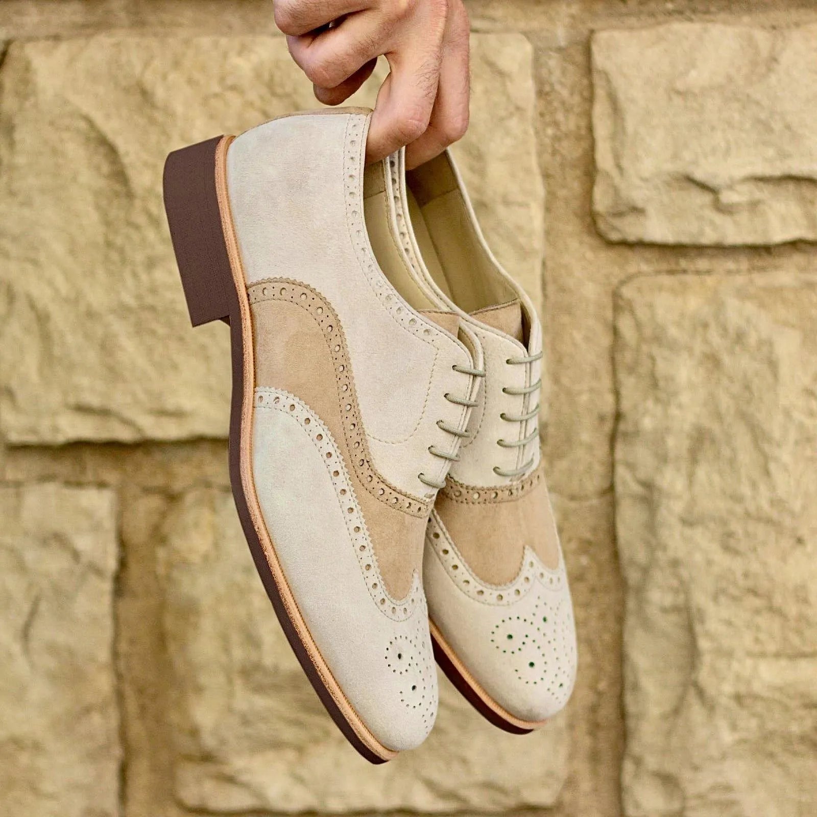 Malos full brogue two-toned suede wingtip shoes with hand-painted patina