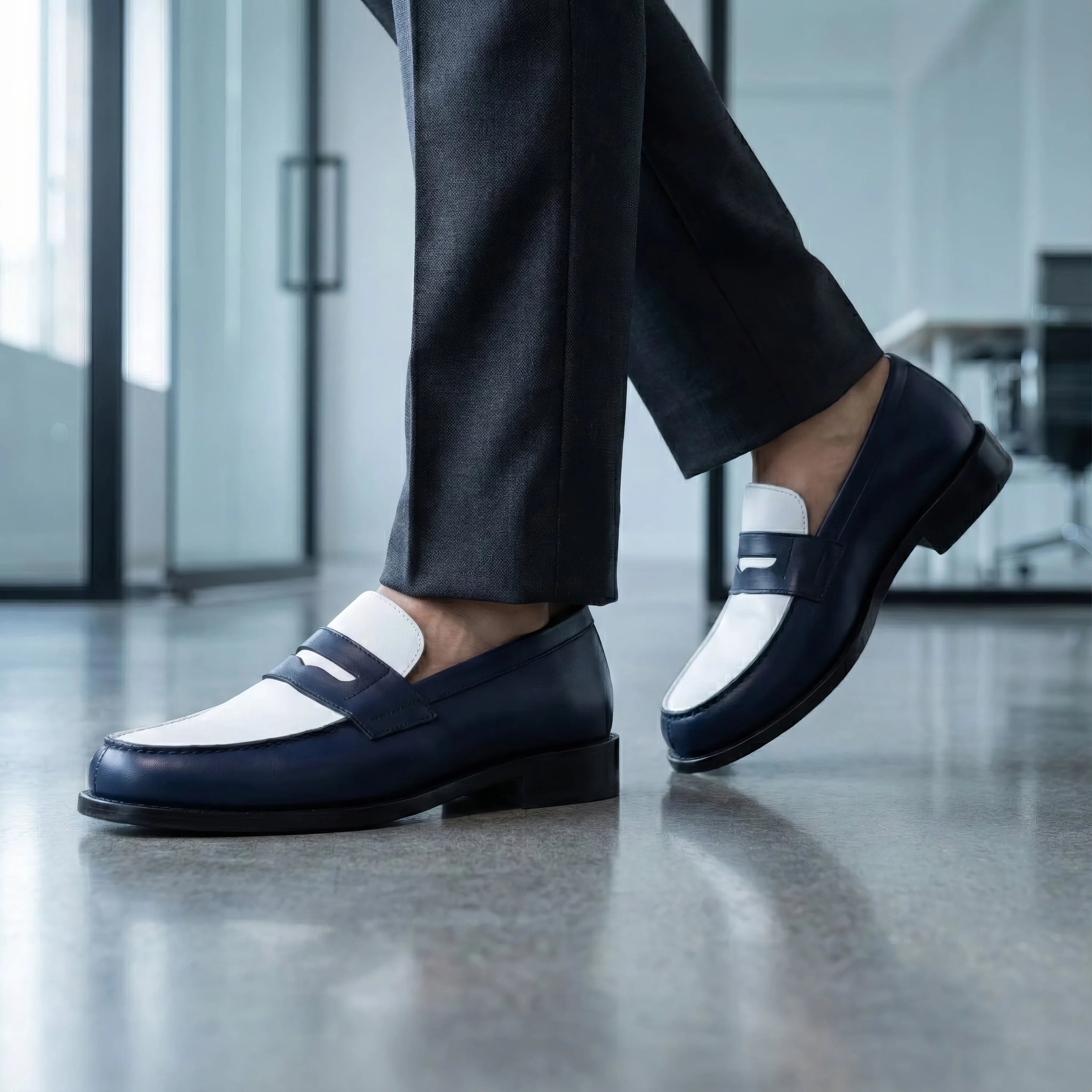 Navy calf leather Marew penny loafers II with leather sole