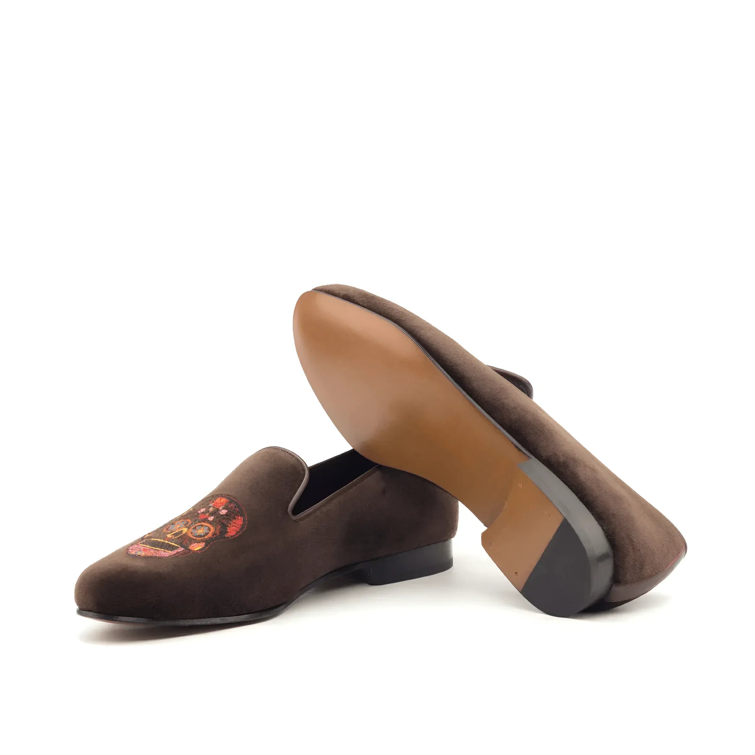 Mizarble Wellington slip on brown suede loafers with embroidered design