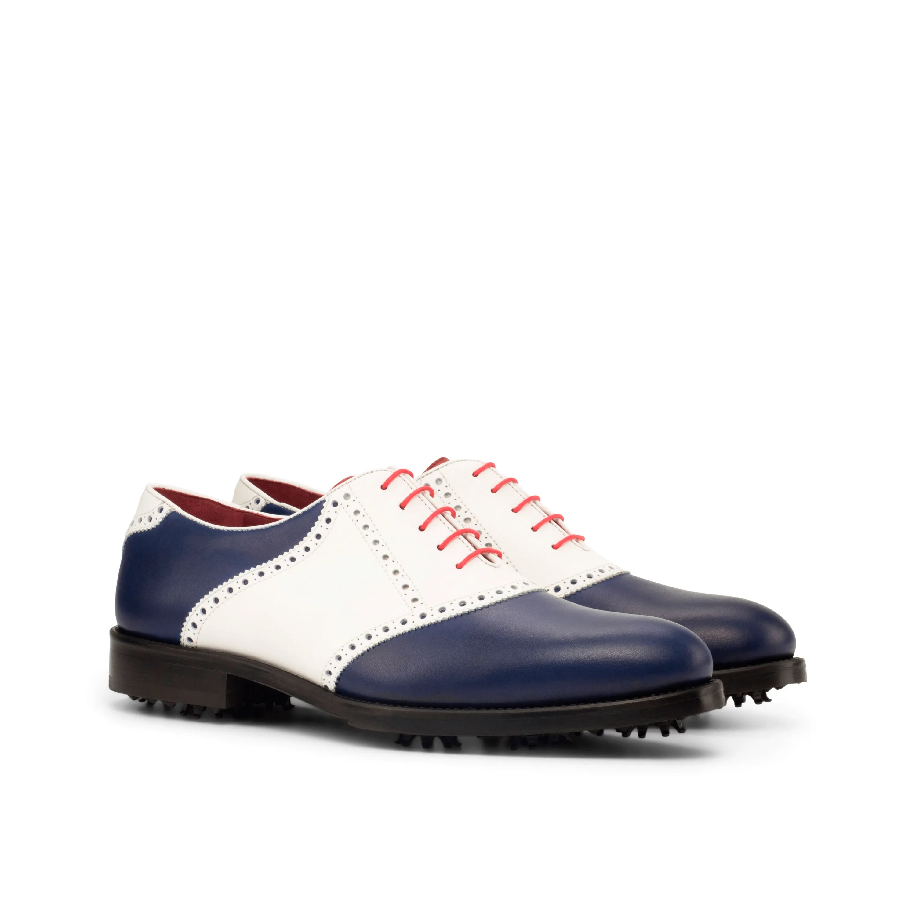 Murciano Saddle Golf Shoes II: two-tone with red laces, white box calf