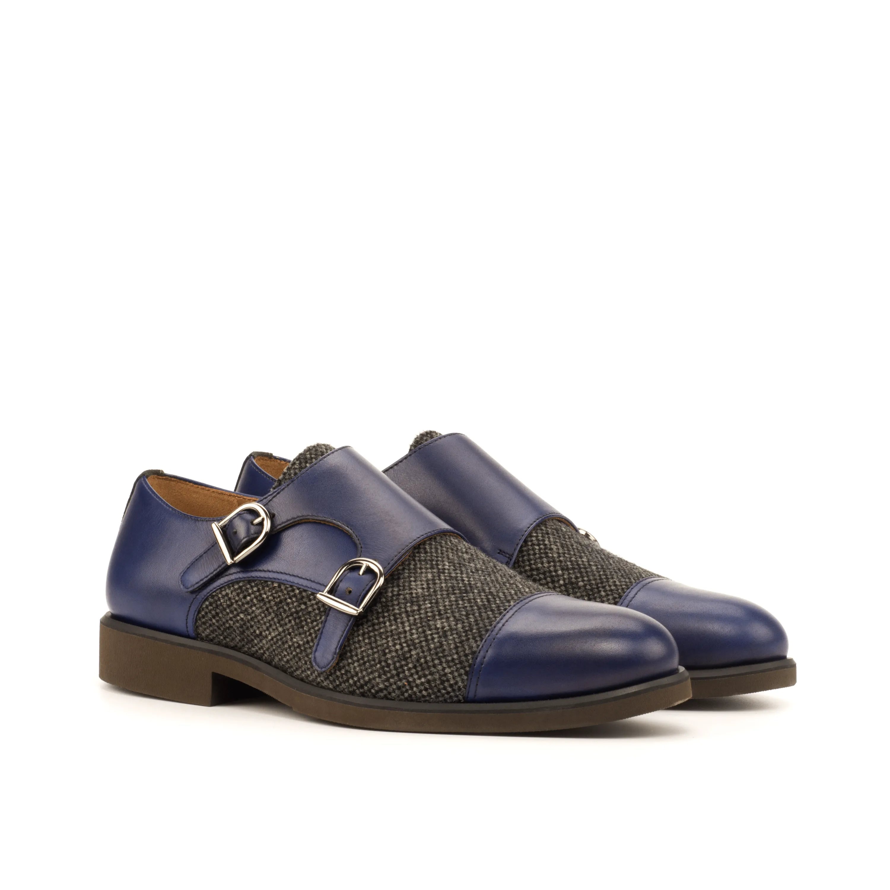 NYC Double Monk shoes in blue and tweed double monk patina