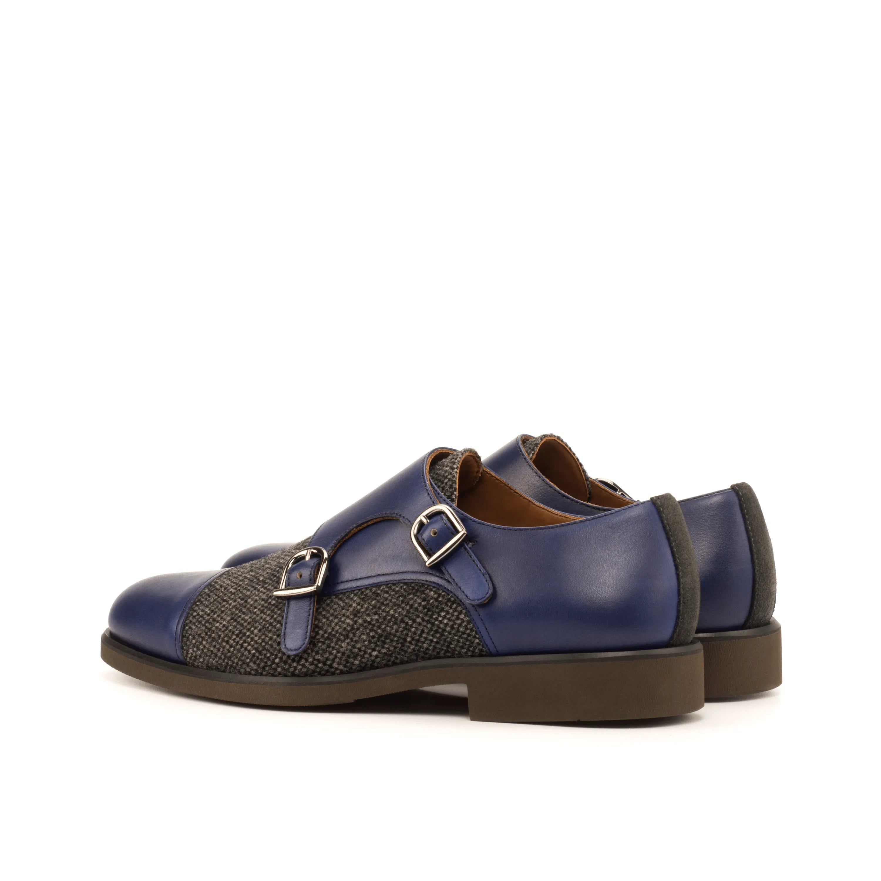 NYC double monk shoes in blue leather and tweed patina
