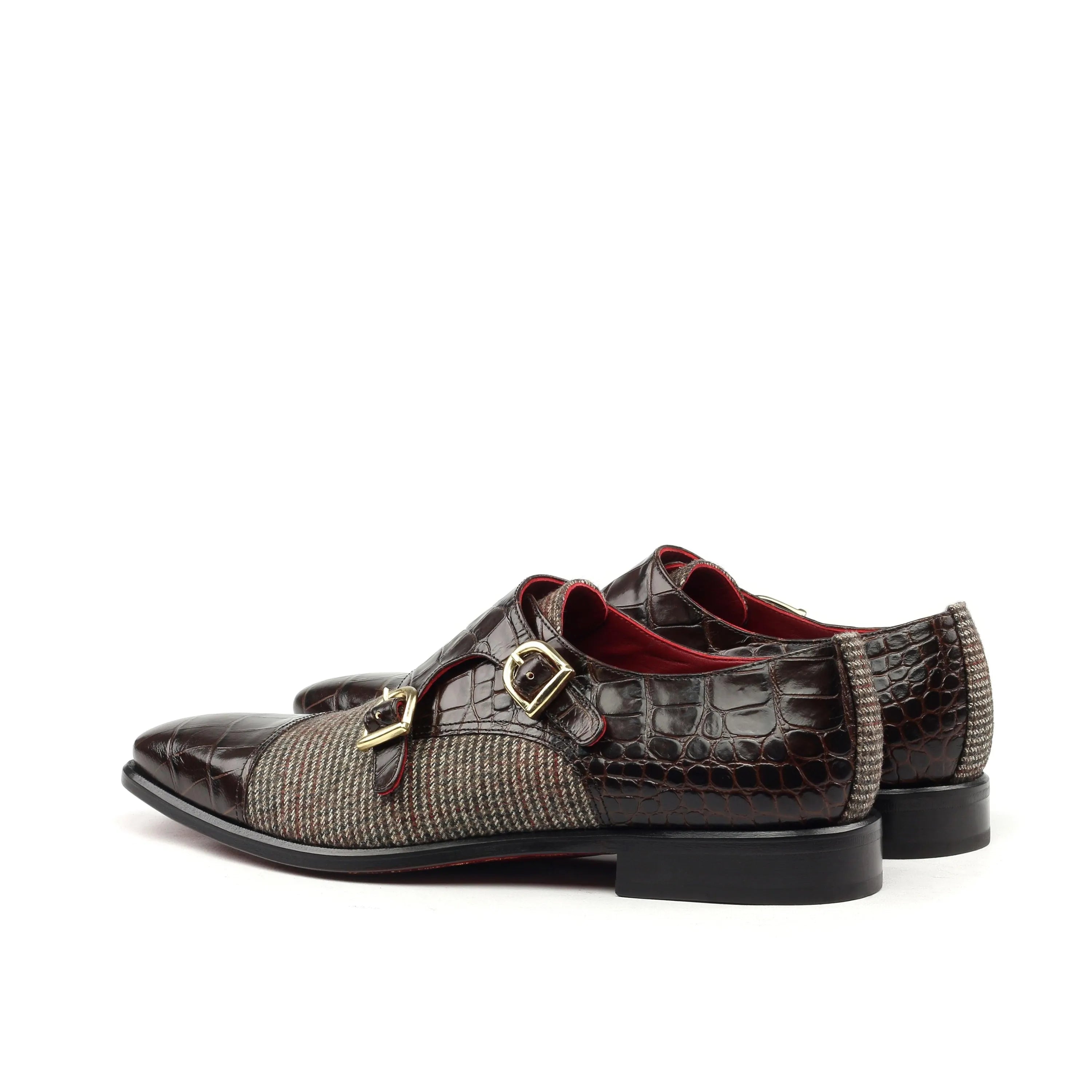 Peter double monk croco shoes in brown leather and tweed