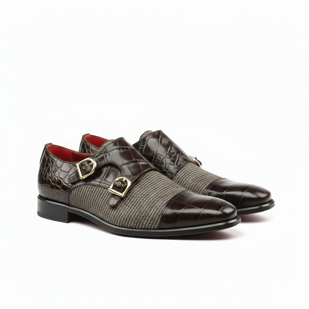 Peter double monk croco shoes in brown leather and tweed